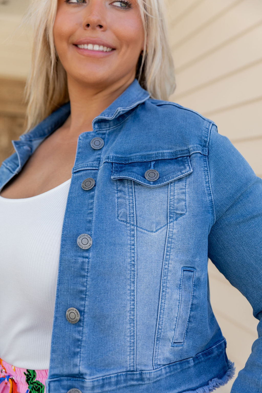 Kenzie Crop Denim Jacket for Women - Stylish Distressed Light Blue Denim Jacket - Perfect for Spring Outfits & Casual Streetwear