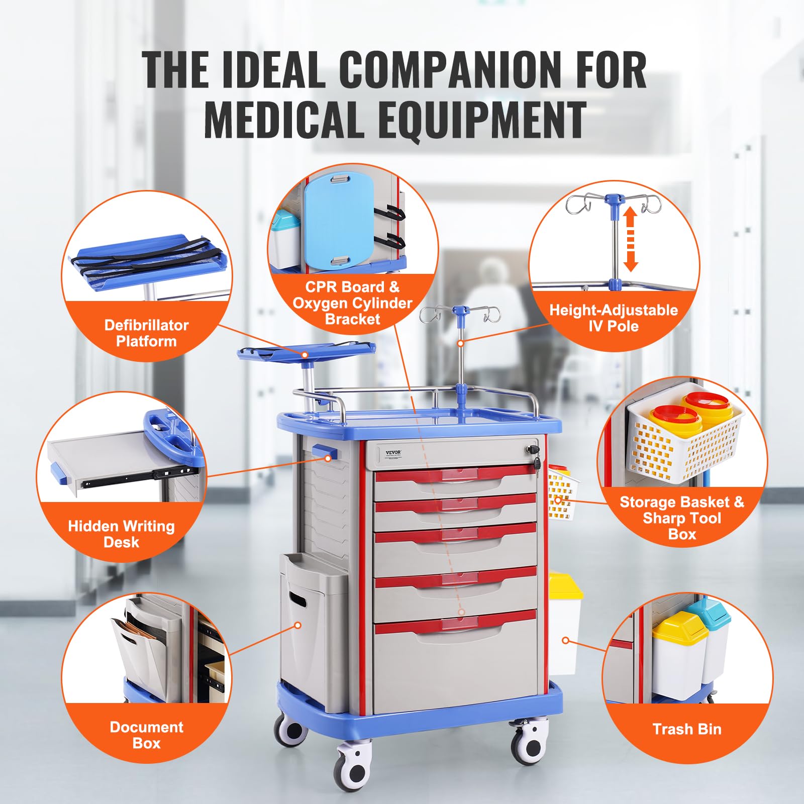 VEVOR 5-Tier Lab Utility Cart with 5 Drawers, 4 Silent Wheels & 2 Trash Bins - Mobile Medical Cart with Durable PP Material for Laboratory, Clinic, Hospital & Salon Use - Blue (Ideal for Medical Supplies Organization & Beauty Salon Storage)