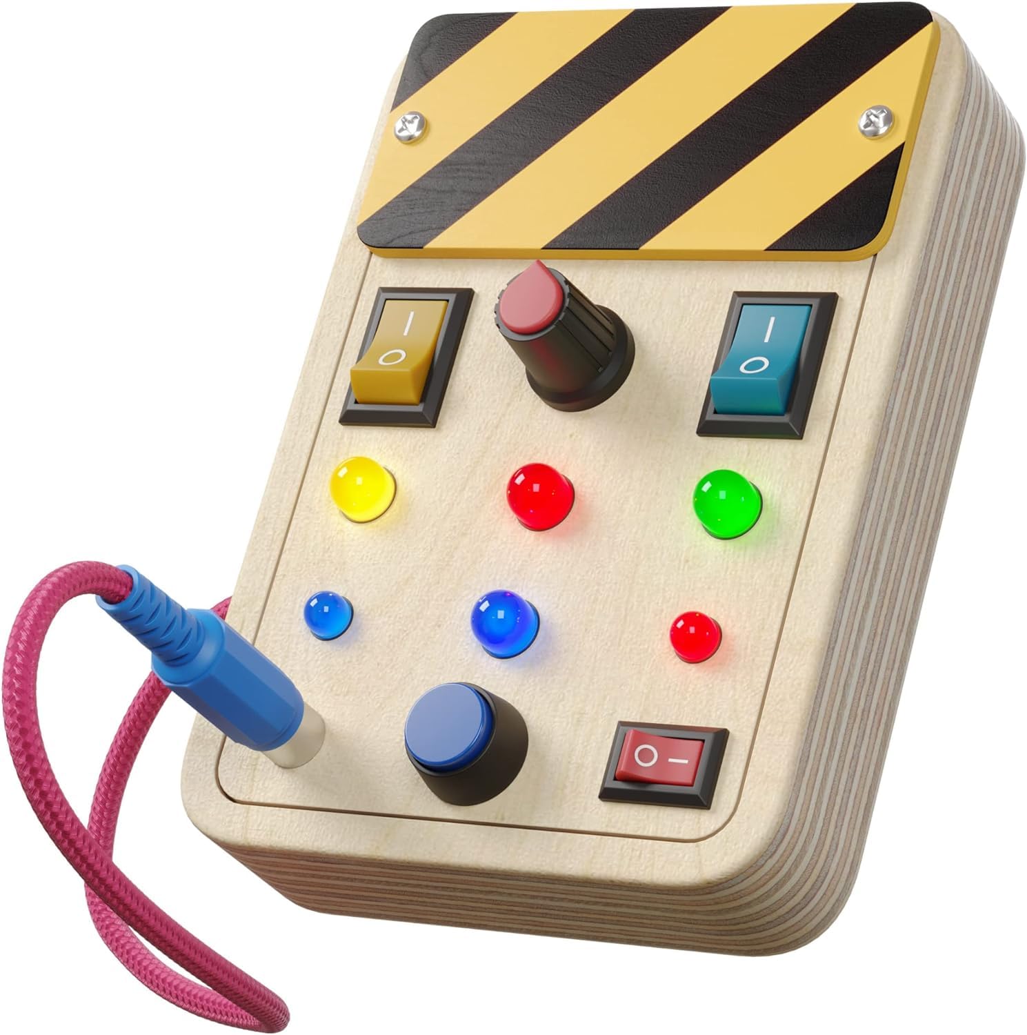 Montessori Busy Board for Toddlers 1-3 Years - Wooden Sensory Toys with LED Light Up Buttons & Pluggable Wires - Educational Learning Fidget Toy for Autistic Children - Perfect Baby Shower Gift for Boys & Girls - Great for Travel, Home Play & Early Childhood Development