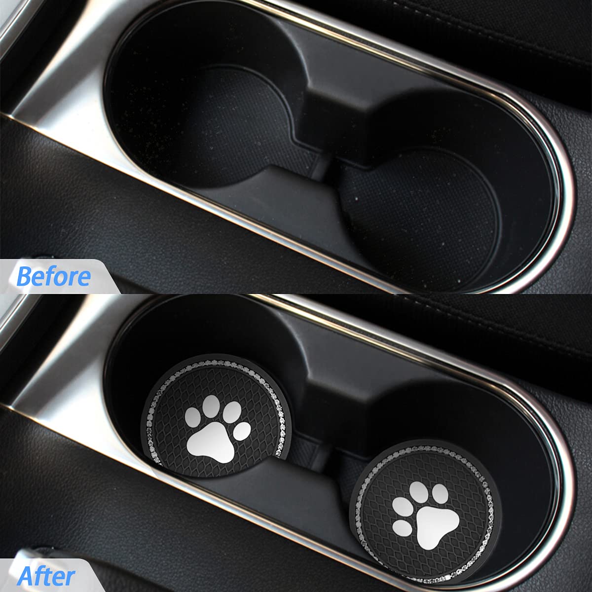 2PCS Universal Bling Car Cup Coaster Set - Rhinestone Car Accessories with 2.75 Inch Dog Paw Design - Non-Slip Cup Holder Insert Mat Pad for Most Vehicles (Black/White) - Perfect for Coffee, Drinks & Car Interior Protection