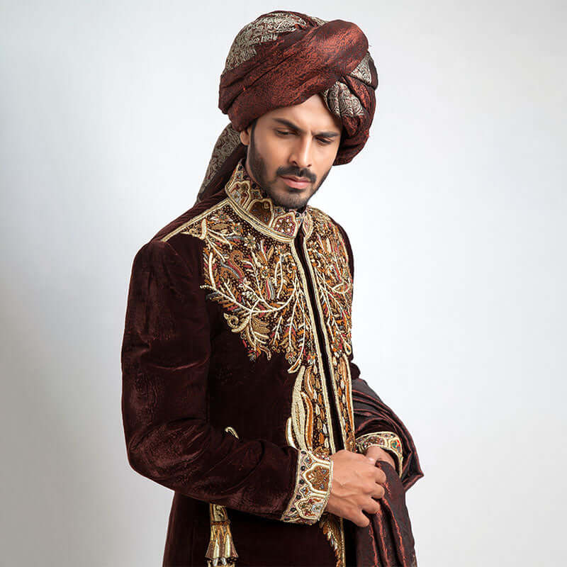 Deep Burgundy Velvet Form Fitted Sherwani for Men | Elegant Indian Wedding Outfit | Perfect for Groom, Groomsmen & Special Occasions