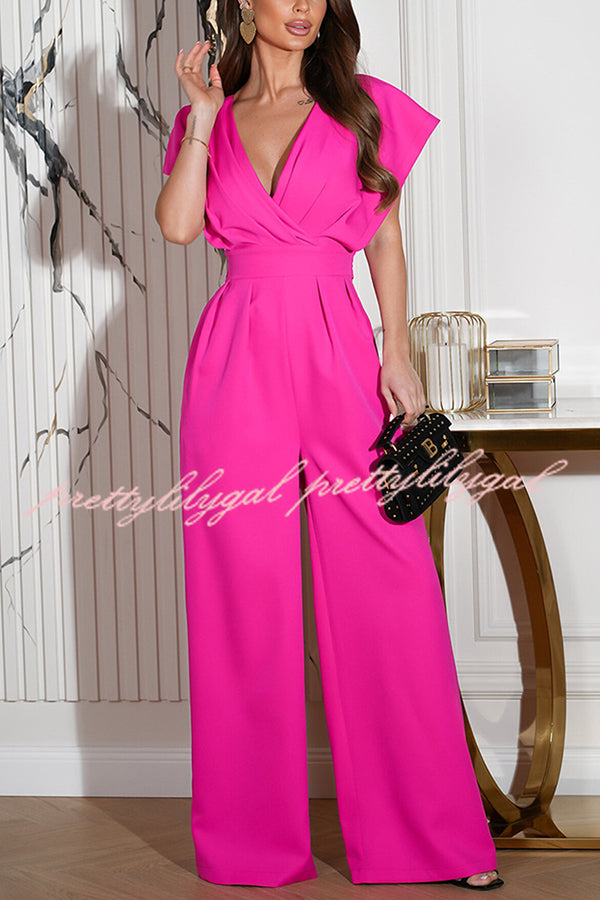 Stylish Solid Color V-Neck Waist Casual Wide Leg Jumpsuit for Women | Comfortable Everyday Outfit for Work, Travel & Date Night
