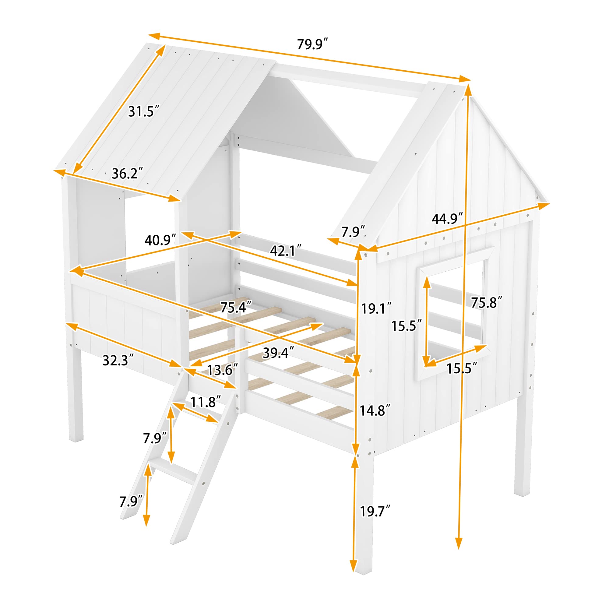 Wooden Low Loft Twin Size Kids House Bed Frame - Playhouse Bed for Girls, Boys & Toddlers in White - Perfect for Bedrooms, Playrooms & Small Spaces