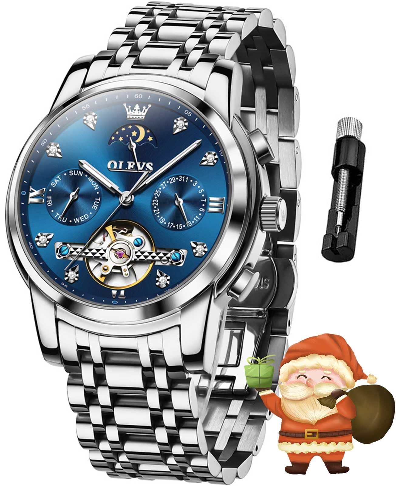 OLEVS Automatic Mechanical Men's Watch with Day, Date, Month & Year Display - Stainless Steel Fashion Watch in Green, Blue & Black Dials - Perfect for Business, Casual & Formal Occasions