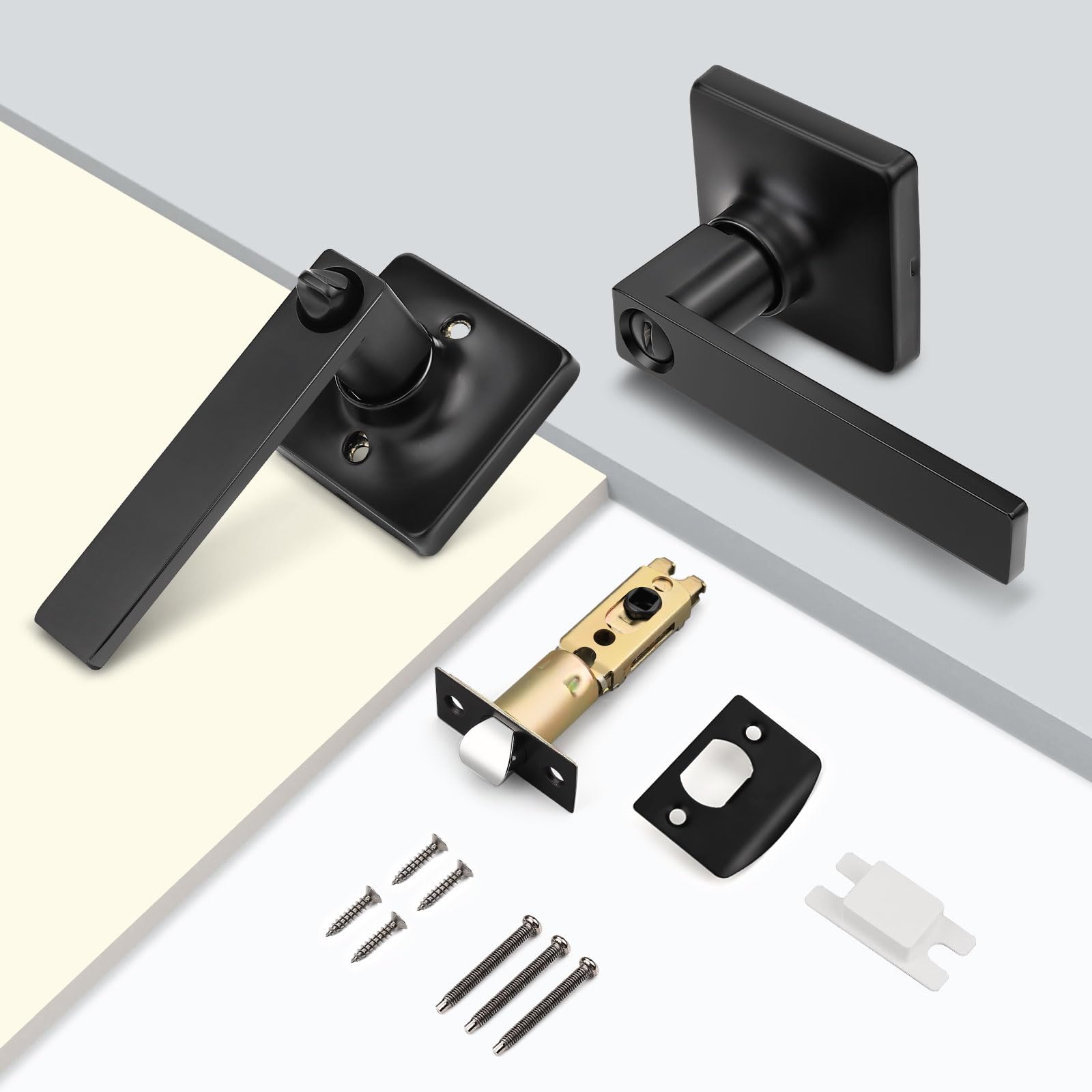 Gobekor 3-Pack Matte Black Privacy Door Handles - Square Lever Interior Door Handles with Lock - Modern Door Hardware for Bedroom, Bathroom & Office Privacy
