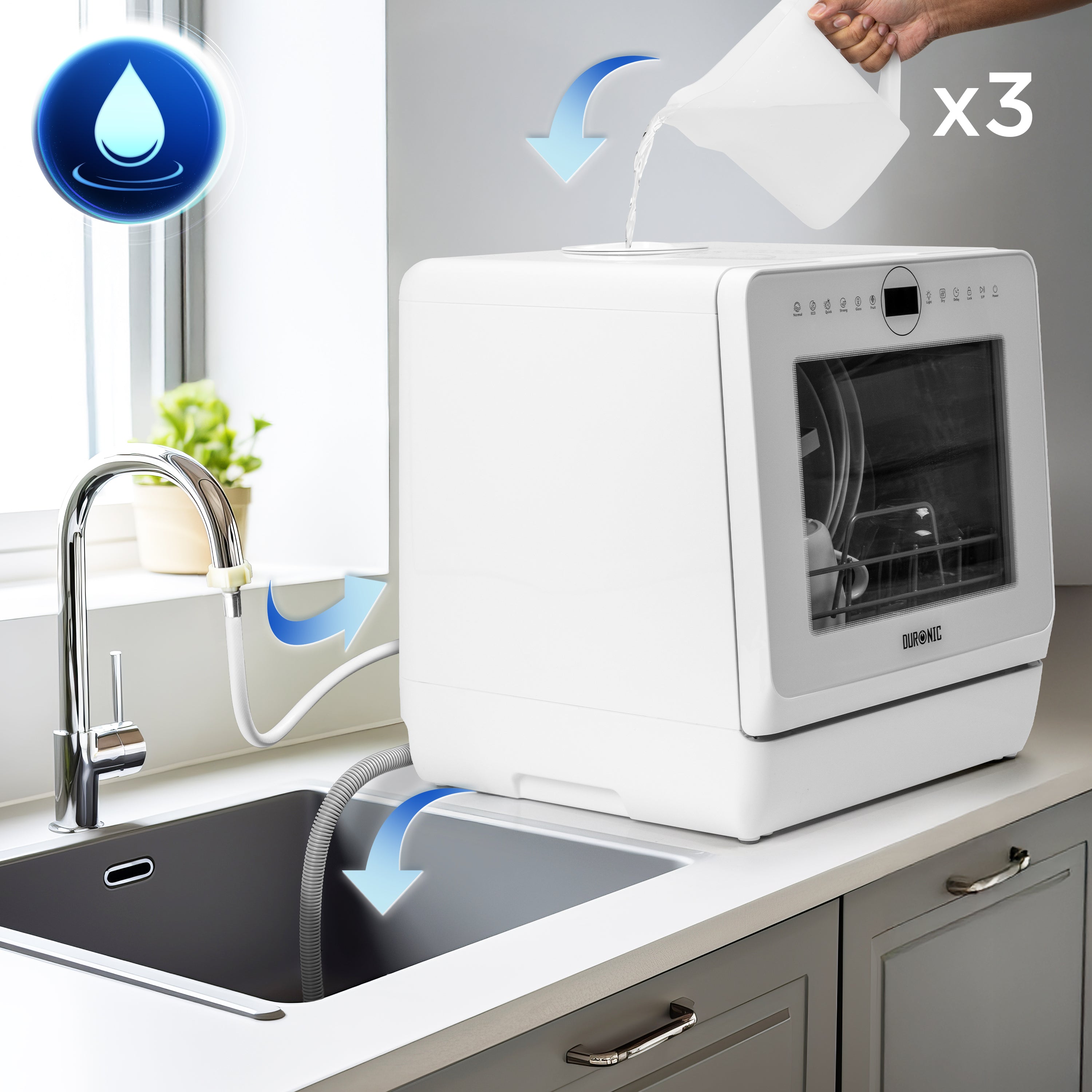 Duronic DW5 WE 950W Compact Tabletop Dishwasher - 5L Mini Dish Washer with 8 Wash Cycles | Eco-Friendly Electric Countertop Cleaner for Plates, Glass, Cutlery & Fruits | Perfect for Small Kitchens, Apartments & RVs (White)