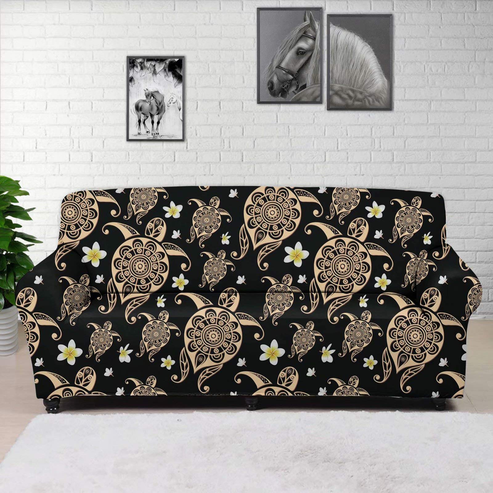 Hibiscus Turtles Bohemian Sofa Slipcover - Non-Skid Stretch Furniture Protector for 3-Seater Couches (74.8