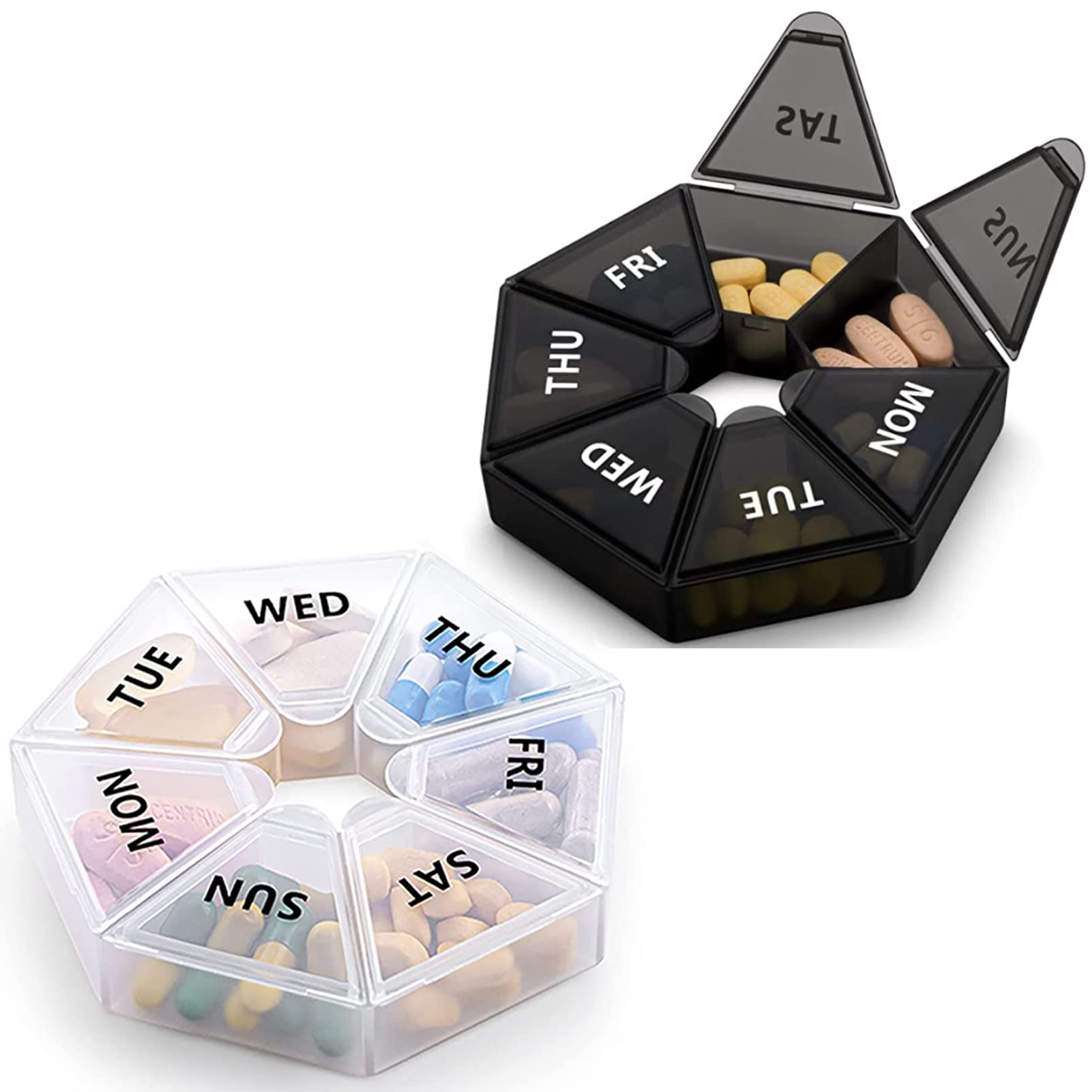 7-Day Travel Pill Organizer - 2 Times Daily, 2-Pack Portable Medicine Box (1 Clear + 1 Black) with 7 Separate Compartments - Perfect for Travel, Work & Daily Medication Management