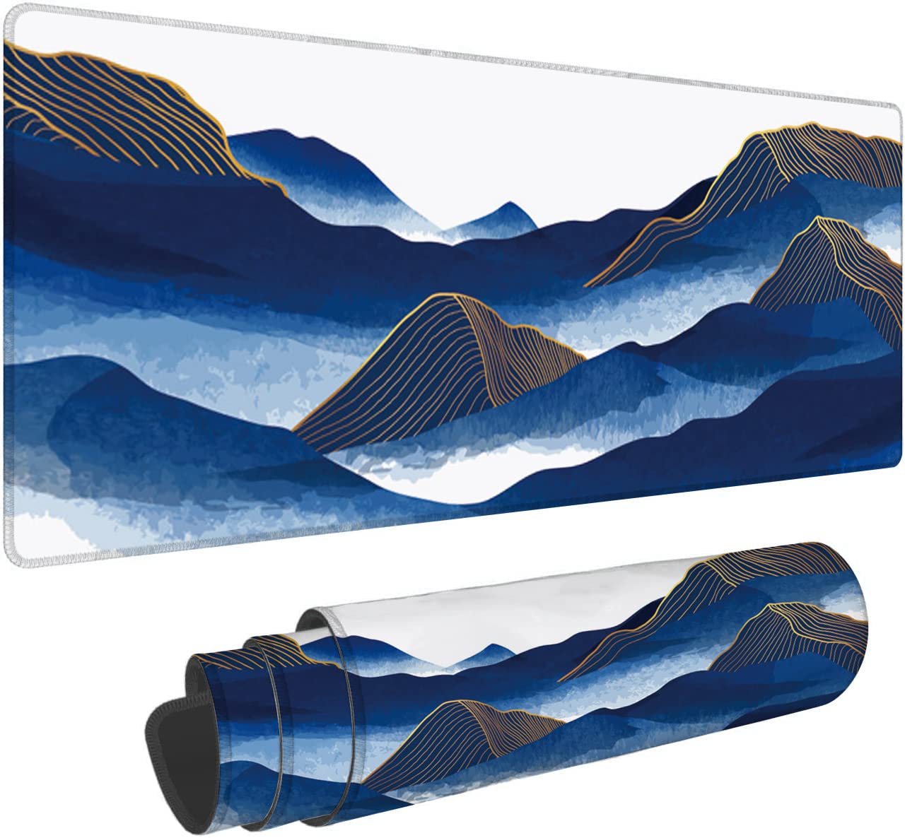 Blue Mountain Golden Line Gaming Mouse Pad - Extra Large Non-Slip Desk Mat (31.5x11.8 Inch) for Office & Home | Watercolor Oriental Design | Perfect for PC, Laptop, Keyboard & Gaming Setup