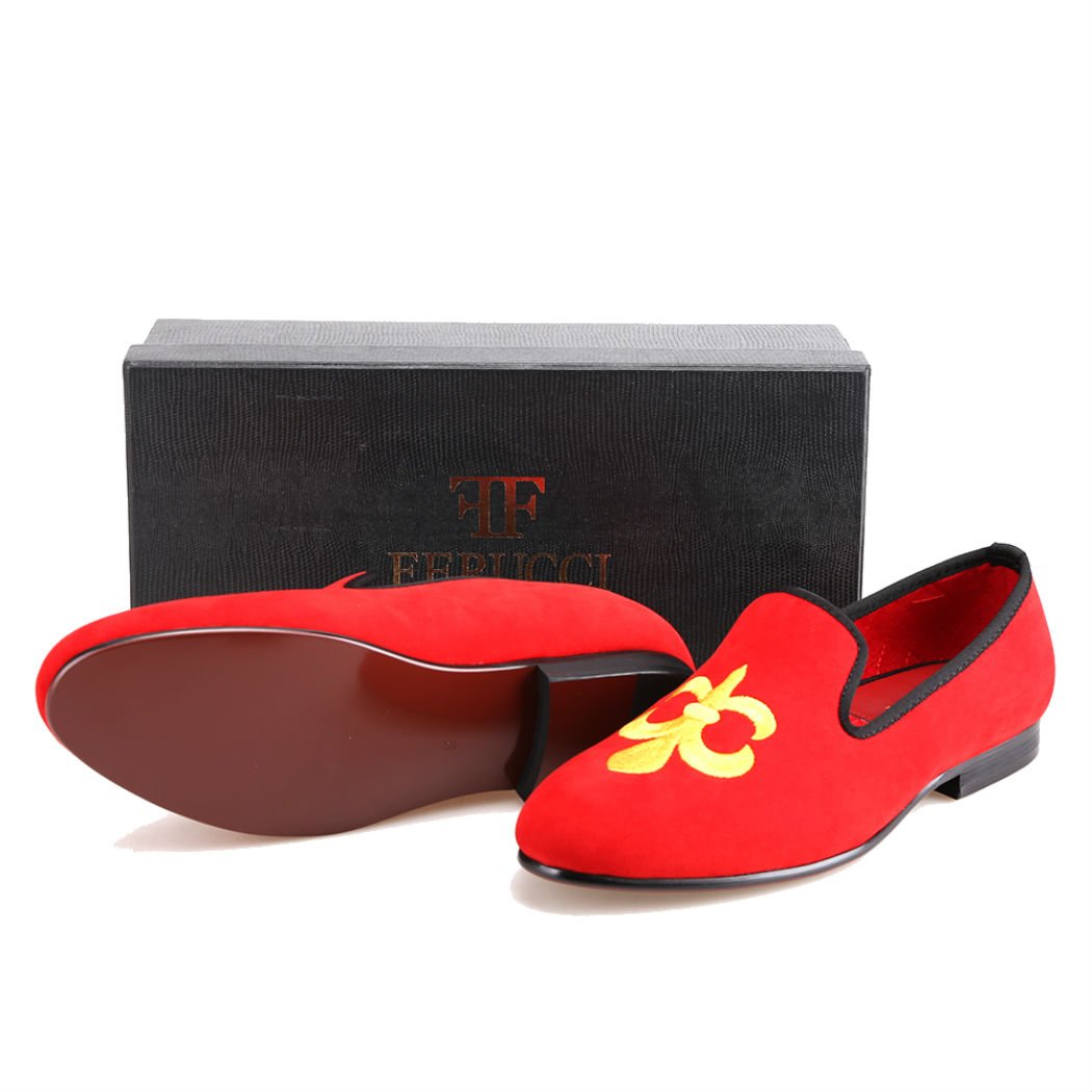 FERUCCI Handmade Men's Red Velvet Slippers - Comfortable Loafers with Gold Fleur de Lys Embroidery | Perfect for Home, Lounge & Gift Giving