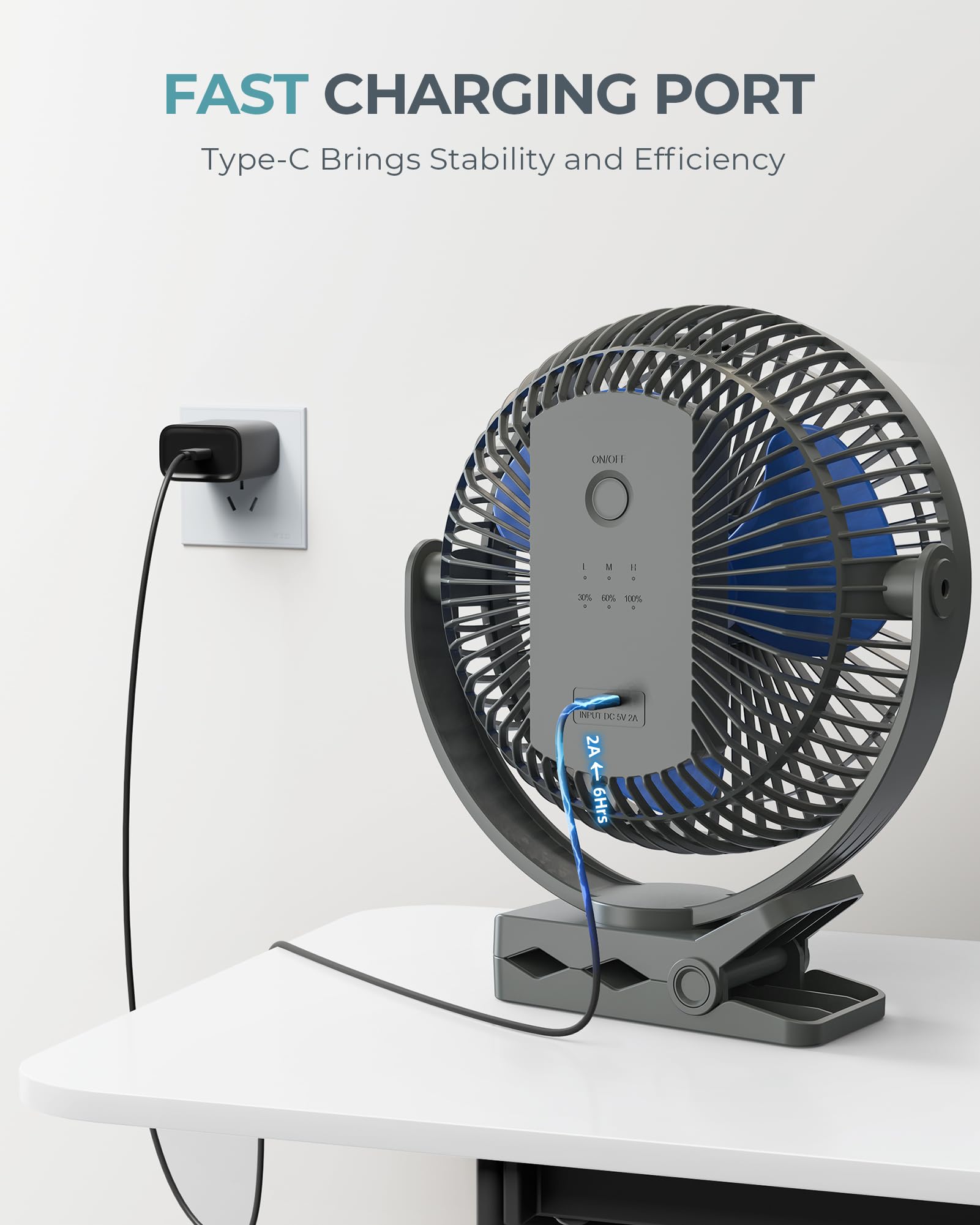 Xasla 10000mAh Portable Clip-On Rechargeable Fan - 8 Inch Battery Powered Personal Fan with 24H Runtime & 4 Speed Settings - Perfect for Camping, Golf Cart, Home Office, Travel, and Outdoor Activities (Blue)