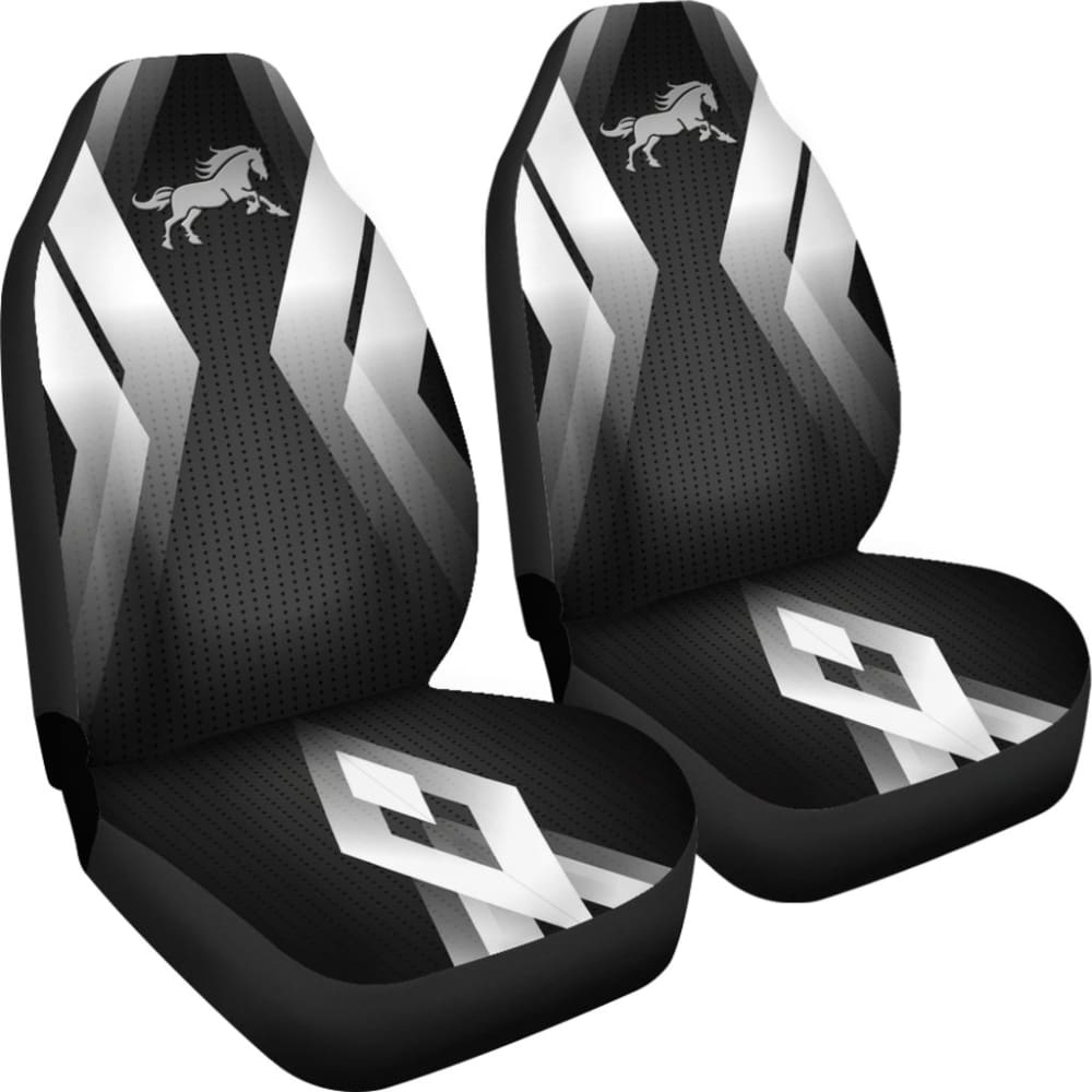 Premium Black & Silver Mustang Horse Custom Metallic Print Car Seat Covers - Perfect for Ford Mustang Enthusiasts & Car Show Accessories