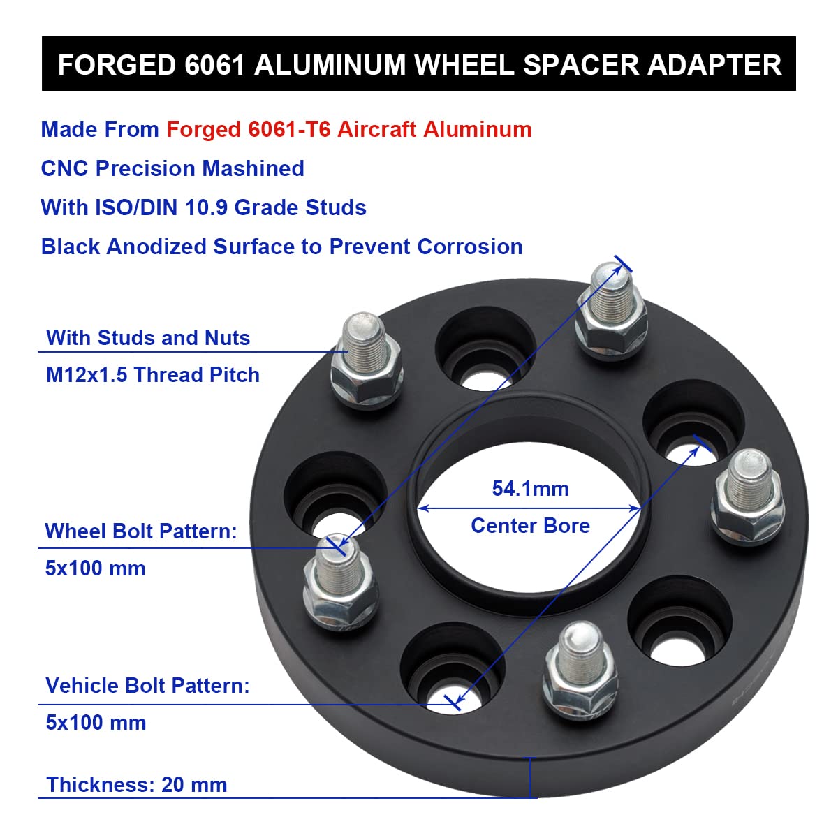 VLAOSCHI 20mm Black Forged 5x100 Hubcentric Wheel Spacers (Pack of 4) - 12x1.5 Studs & 54.1mm Bore - Compatible with Toyota 5-Lug Vehicles: 2003-2022 Corolla, 1983-1991 Camry, 2003-2019 Prius - Perfect for Enhanced Stance & Performance Upgrades