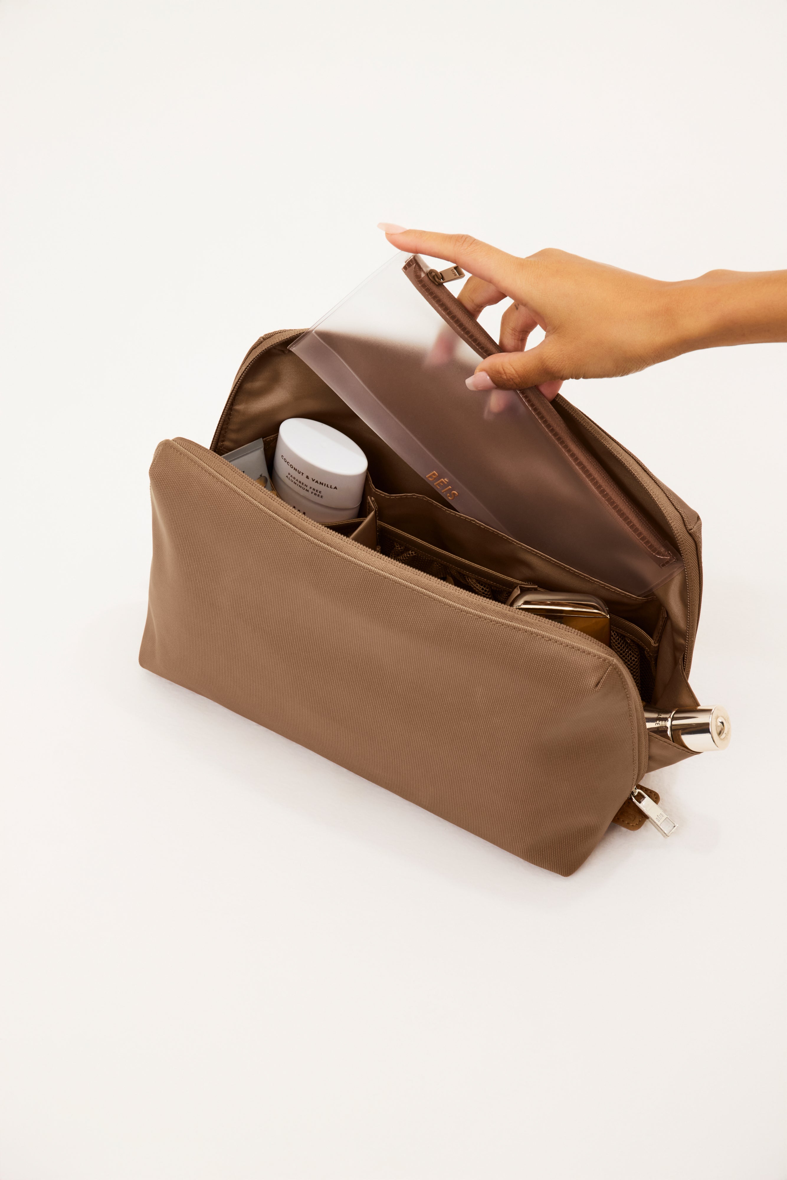 Premium Large Cosmetic Makeup Travel Pouch in Camel Color - Perfect for Organizing Toiletries, Brushes & Beauty Essentials On-The-Go