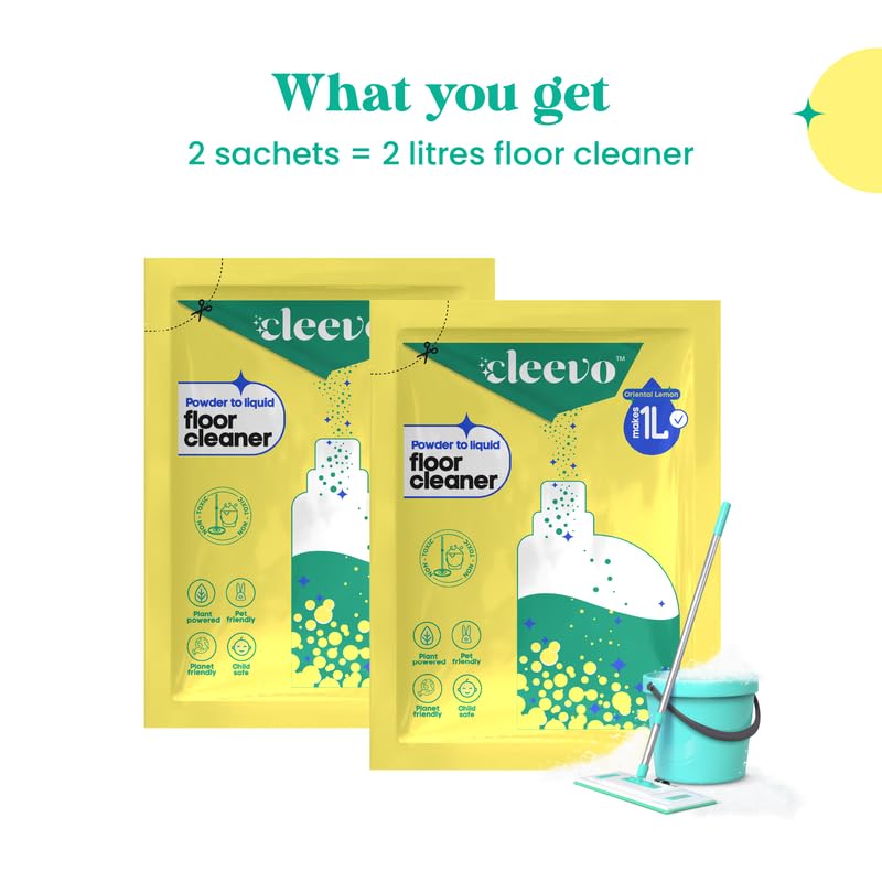 Cleevo Natural Disinfectant Floor Cleaner Liquid - 2L Refill Pack (2 x 1L Pouches) | Chlorine-Free, Eco-Friendly All-Purpose Surface Cleaner | Zesty Lemon Scent | Ideal for Hardwood, Tile & Vinyl Floors | Safe for Homes with Pets & Kids