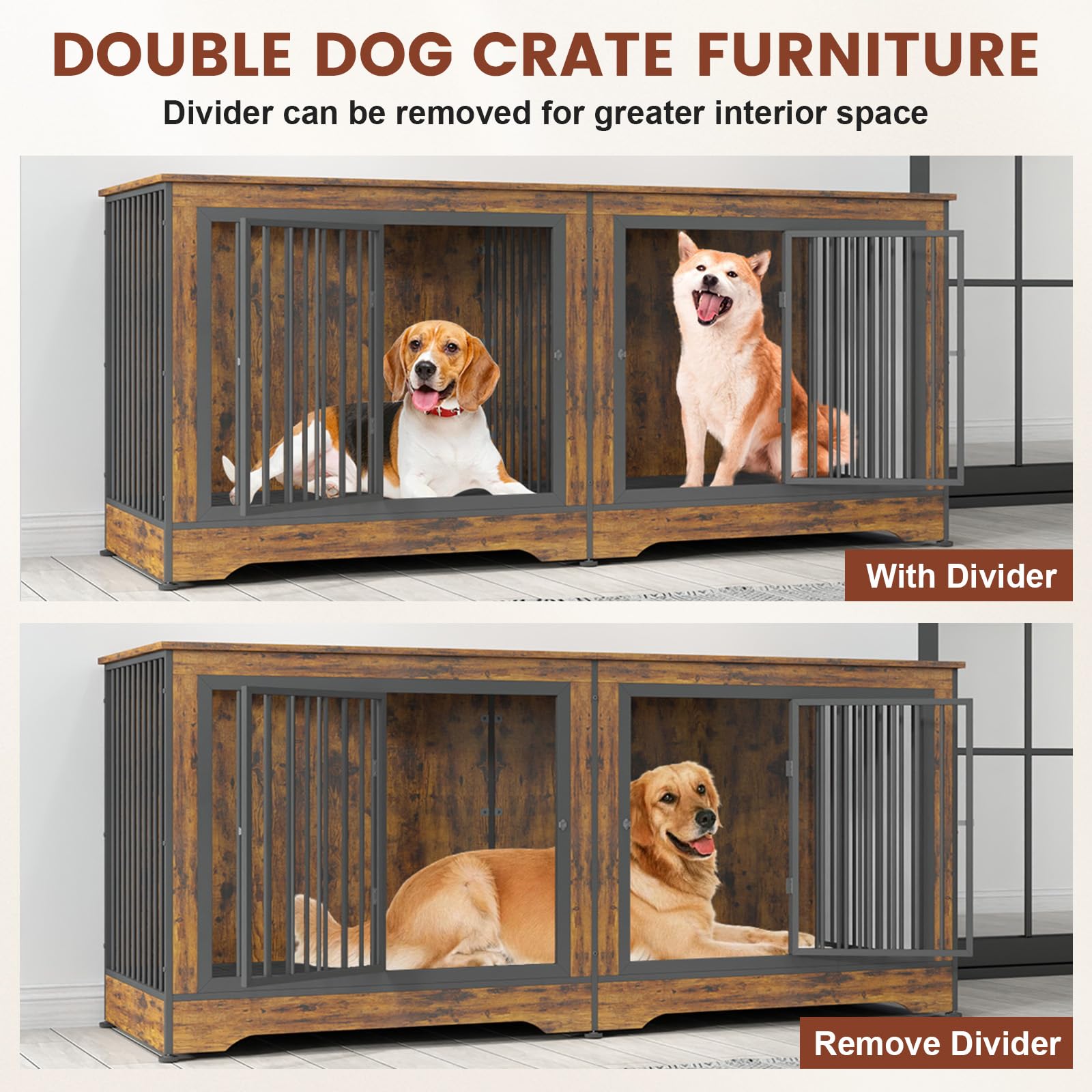 75 Inch 3-in-1 Double Dog Crate Furniture for 2 Large Dogs - Rustic Brown Durable TV Stand with Removable Trays & Divider - Perfect for Living Room, Bedroom or Home Office Pet Space