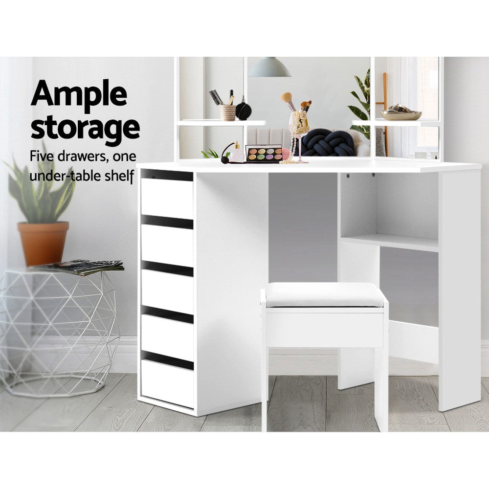 White Corner Dressing Table with Mirror & Stool Set - Vanity Makeup Desk with Adjustable Mirror and Matching Chair for Bedroom, Bathroom, or Dressing Room