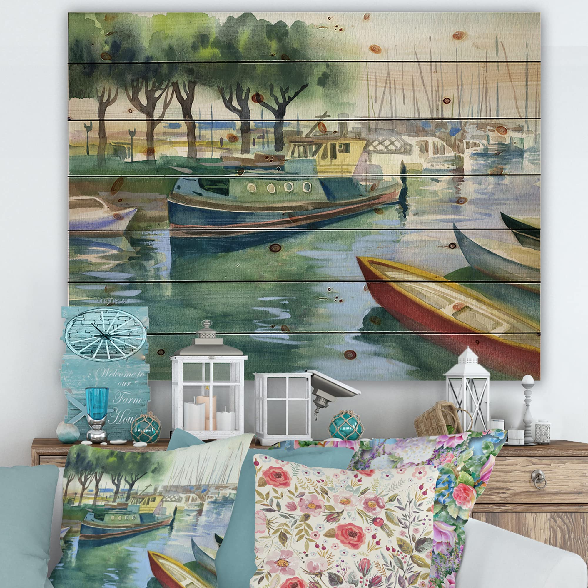 DesignQ Green Spring Traditional Wood Wall Decor - Handcrafted Pine Wood Art Panel with Large Landscape Print - Perfect for Living Room, Bedroom, or Office Decoration