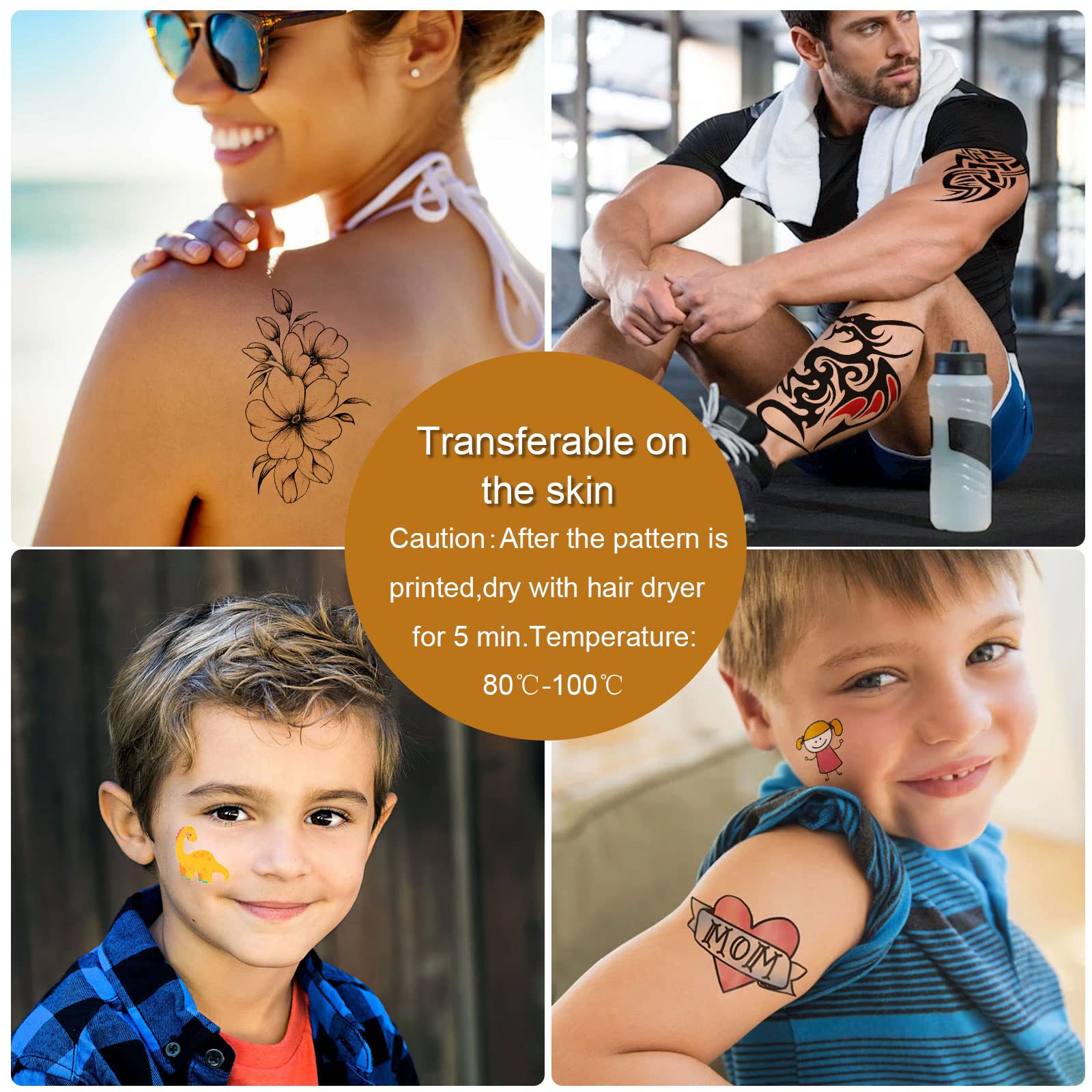 Printable Temporary Tattoo Paper for Inkjet & Laser Printers - 5 Sheets A4 Size (8.3x11.7 Inches) Waterproof DIY Image Transfer Decal Paper for Skin - Perfect for Parties, Costumes, and Body Art