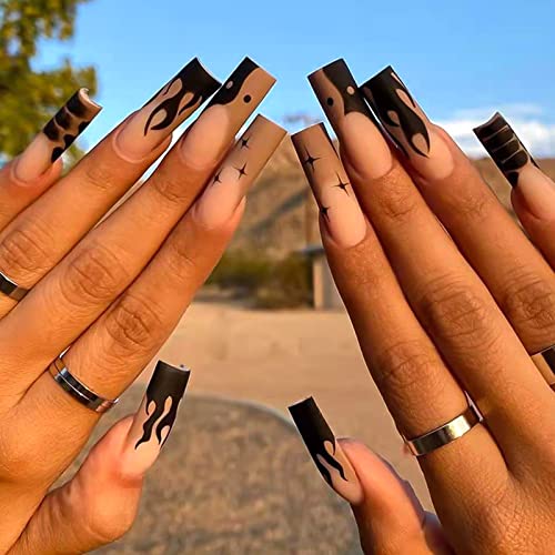 BELICEY Black Flame Press on Coffin Nails - Long Acrylic Matte Brown Gel Fake French Nails - Full Cover Stick on Ballerina Nail Tips with Star Design - Easy to Apply False Nails for Women & Girls (A007) - Perfect for Parties, Weddings, and Special Occasions