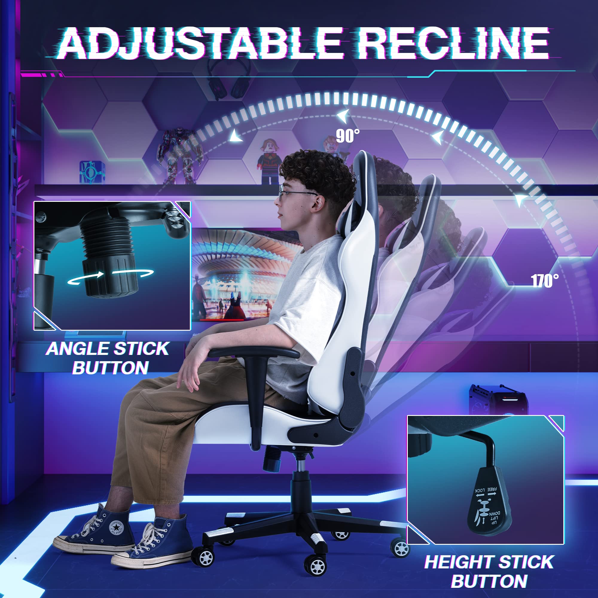 Devoko Ergonomic Gaming Chair - Racing Style Adjustable Height Office Chair with High Back, Headrest & Lumbar Support - Perfect for PC Gaming, Home Office & Executive Workspaces (White)