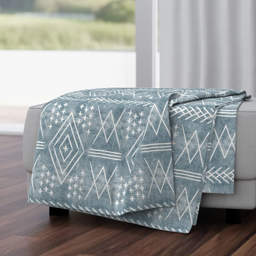 Luxe Velvet Throw Blanket 50x70 Inches - Vintage Moroccan Tribal Boho Mudcloth Geometric Pattern in Dusty Blue | Soft Cozy Blanket for Couch, Bed & Home Decor