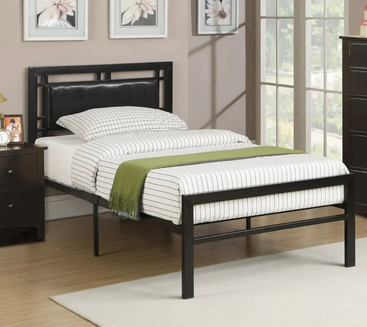 141B Black Steel Platform Bed with Black PU Panel - Modern Minimalist Bed Frame for Bedroom, Guest Room, or Dorm - Sturdy Metal Frame with Upholstered Headboard
