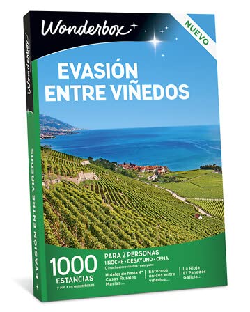 WONDERBOX - Gift Box - Vineyard Escape - 1000 Stays in Spain & Europe - 1 Night + Breakfast + Dinner or 1 Night Among Vineyards + Breakfast for 2 - Perfect Gift for Her, Him & Couples - Romantic Getaways & Anniversary Presents