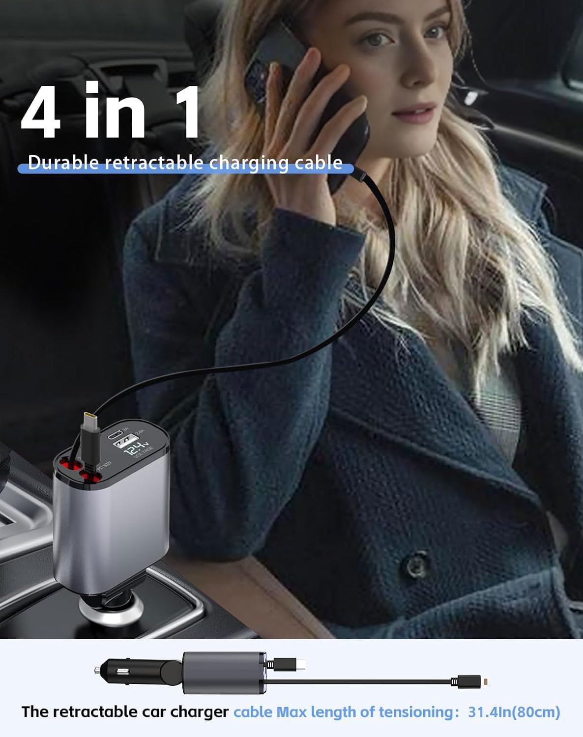 60W Fast Retractable Car Charger with 4-in-1 USB Cables - Compatible with iPhone 15/14/13/12/11, Samsung Galaxy & Google Pixel - Dual Lightning Ports for Quick Charging On The Go - Perfect for Road Trips, Commuting & Travel Accessories