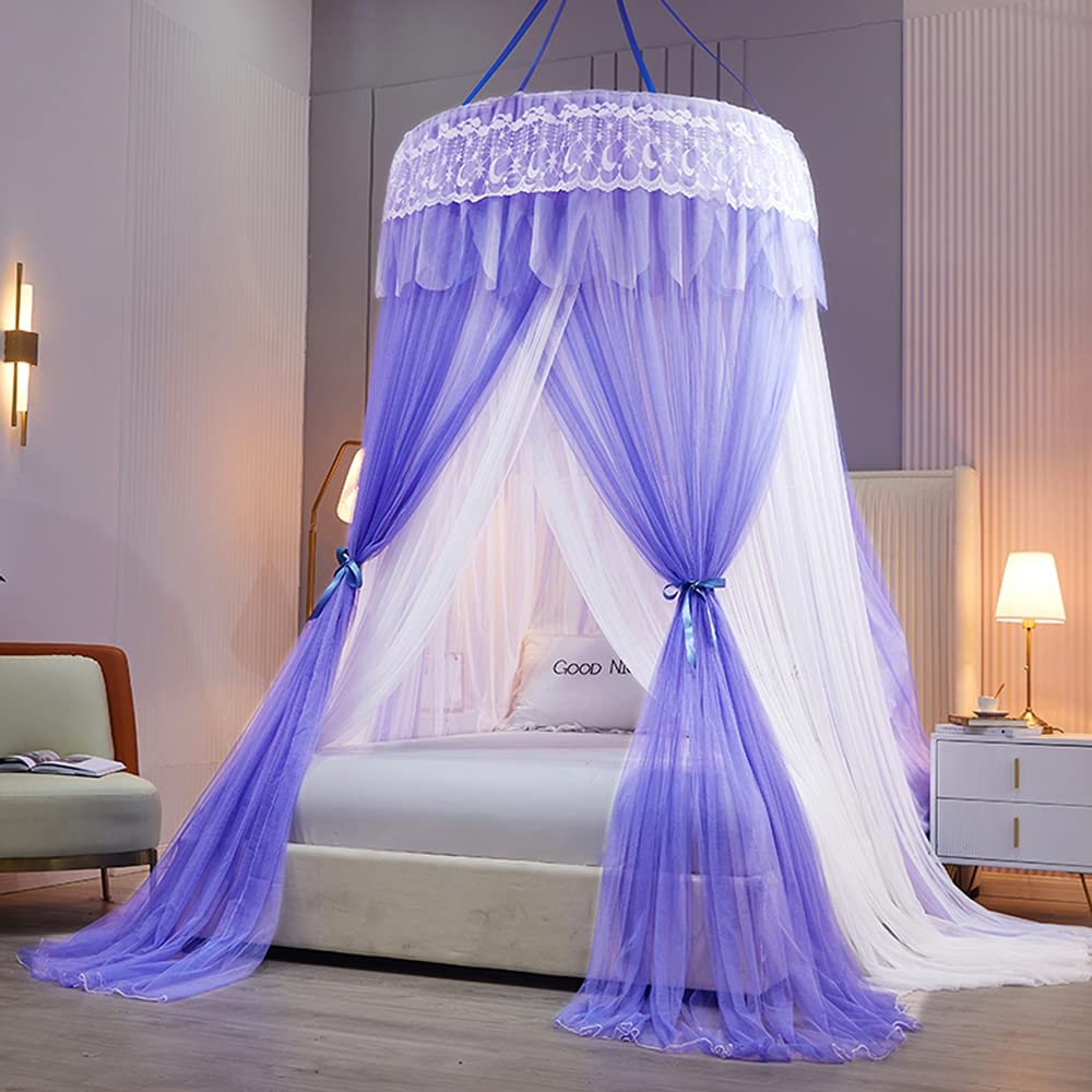 Mengersi Double Layer Sheer Mesh Bed Canopy for Girls - Round Lace Princess Mosquito Net Tent for Twin Full Queen King Size Beds (Purple) - Perfect for Kids' Bedroom Decor, Birthday Gifts & Sleep Protection