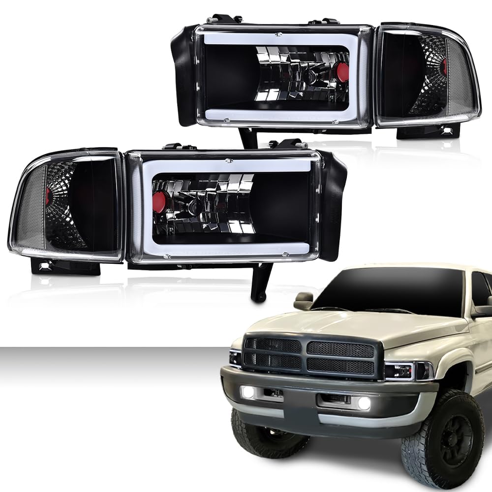 G-PLUS LED Light Strip Headlight Compatible with Dodge Ram 1500 1994-2001 & Ram 2500/3500 1994-2002 - Clear Lens, Black Housing, Clear Reflector (Bulbs Not Included) - Upgrade for Off-Roading, Night Driving & Custom Truck Lighting