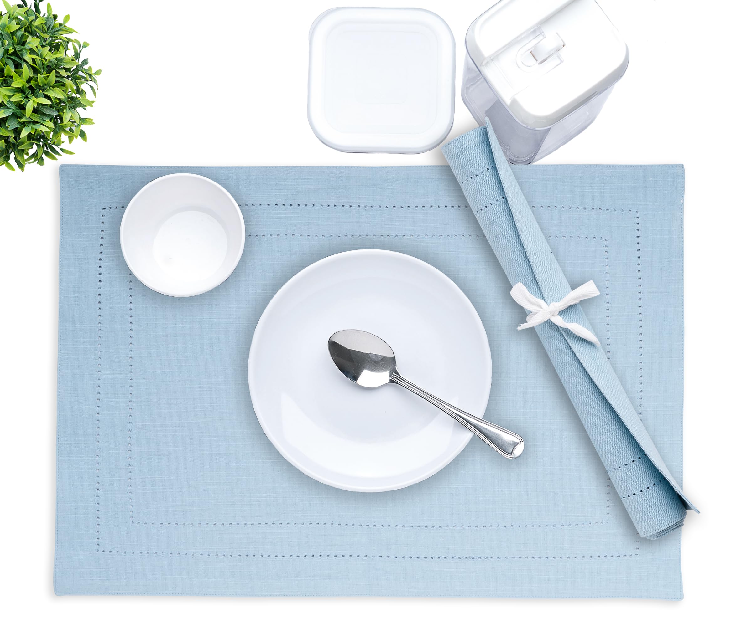 Premium Blue Cotton Placemats Set of 6 - Double Hemstitched, Washable & Soft Woven Table Mats for Kitchen & Dining (13x18 Inches) - Perfect for Everyday Meals, Dinner Parties & Holiday Decor
