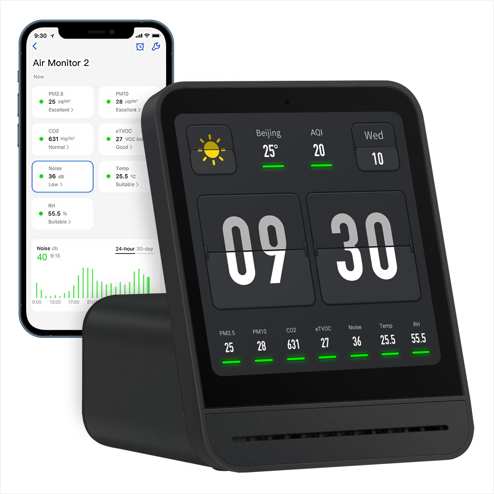 Qingping Air Quality Monitor Gen 2 - Indoor PM2.5 CO2 PM10 Noise Temp Humidity Detector with Alarm Clock | Smart Home & Bedroom Air Tester for Healthier Living & Baby Nursery Safety