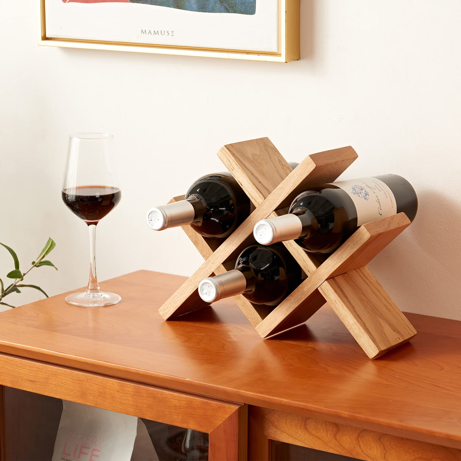 Solid Oak Wood Countertop Wine Rack Holder - 4 Bottle Organizer for Wine, Beer & Drinks - Perfect for Home Bar, Kitchen, Cellar & Basement Storage - Durable & Stylish Wine Display for Entertaining & Dining