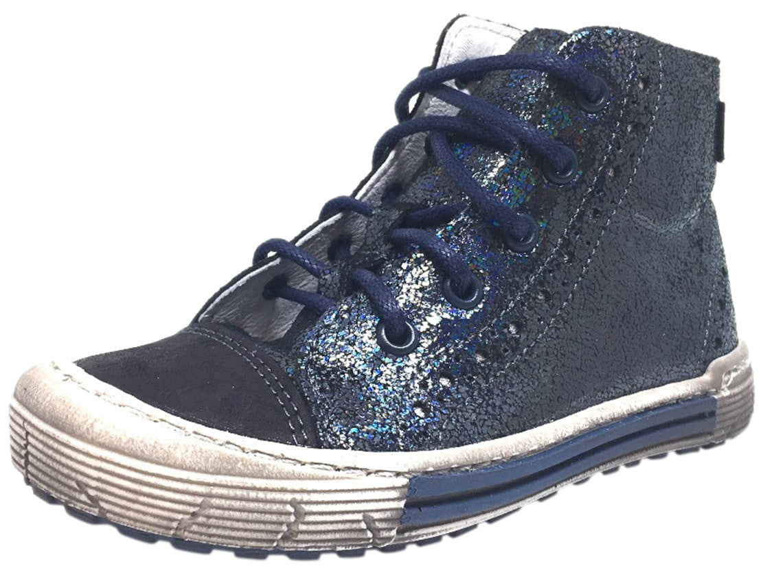 Emel Girls Navy Metallic Shimmer Leather High Top Sneakers with Lace-Up & Side Zipper - Stylish Sparkle Shoes for School, Dance, and Everyday Wear