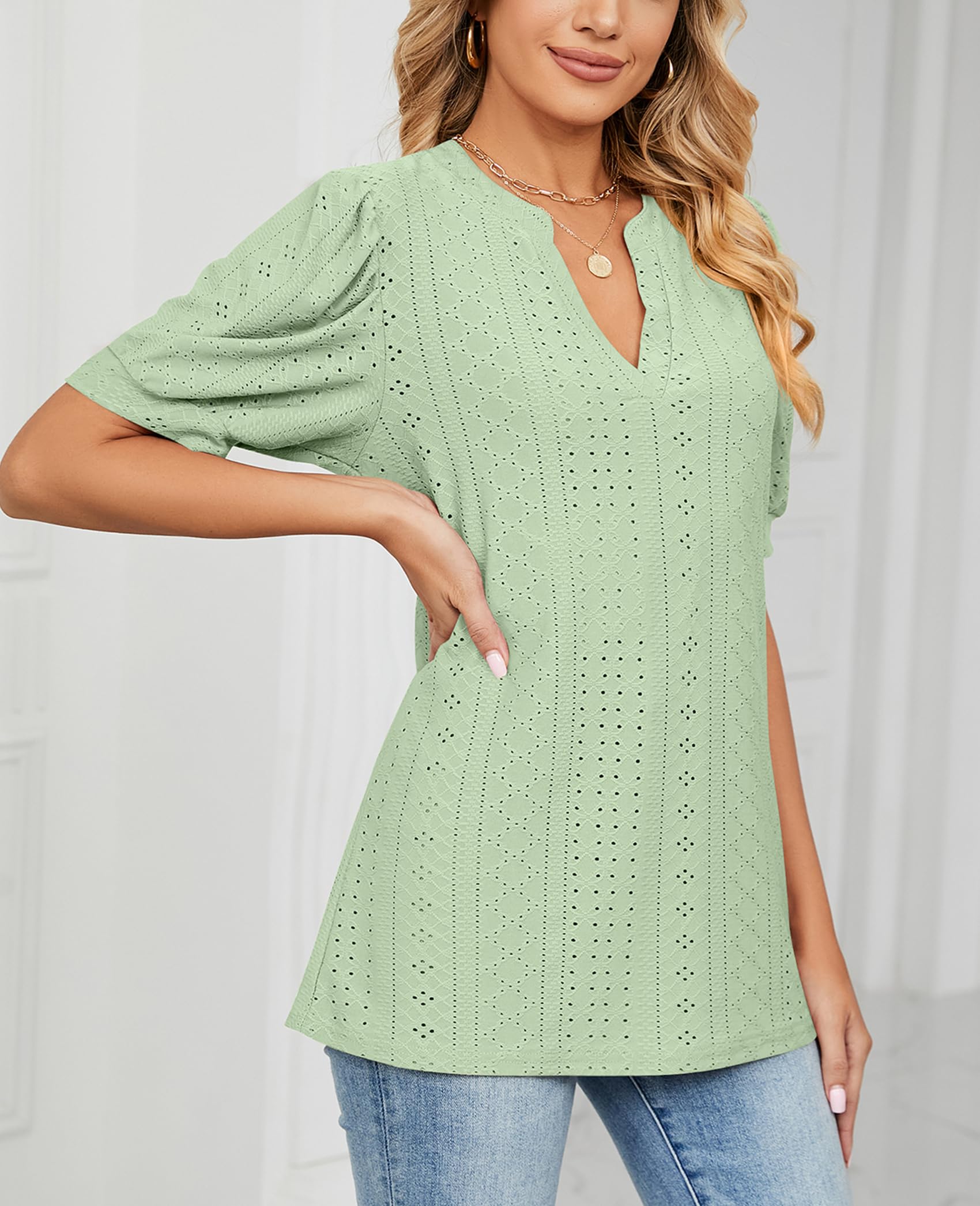 BAISHENGGT Women's Summer Puff Sleeve Blouse - Elegant V-Neck Tunic Top for Casual & Dressy Occasions | Perfect for Office, Date Night & Summer Outings