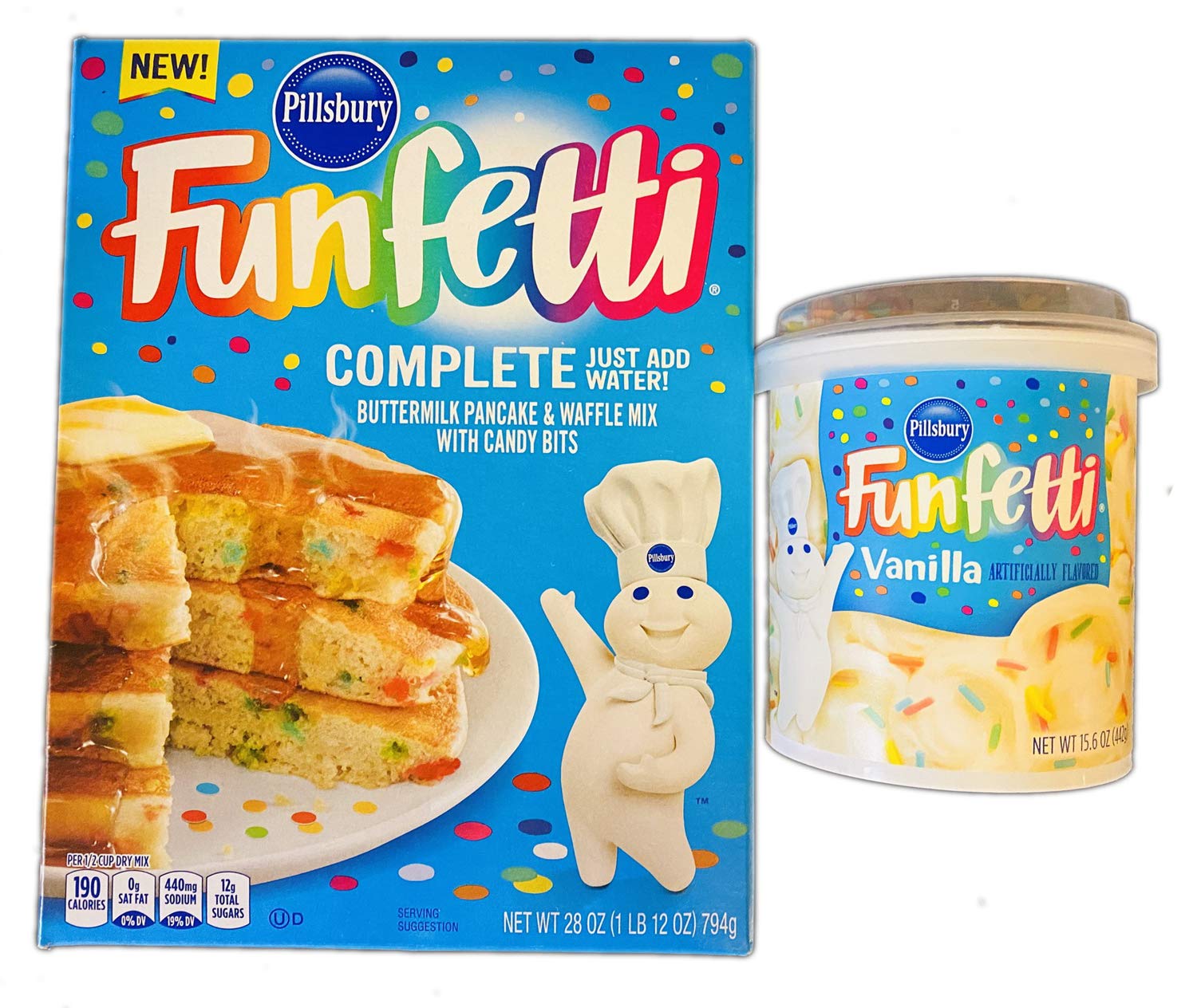Pillsbury Funfetti Buttermilk Pancake & Waffle Mix with Candy Bits & Vanilla Frosting - Easy Homemade Breakfast Mix for Kids Birthday Parties, Weekend Brunch & Family Gatherings