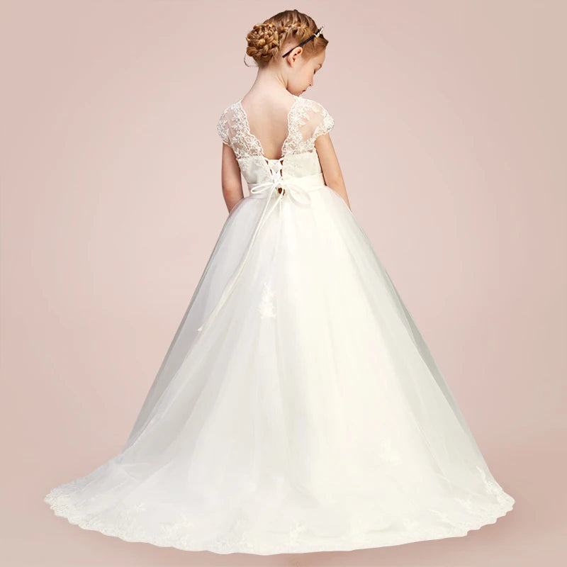 White Princess Tulle Lace Junior Dress for Girls - Short Sleeve Flower Girl Dress for Weddings, Parties & Special Occasions | Perfect for Birthday Celebrations, Pageants & Formal Events