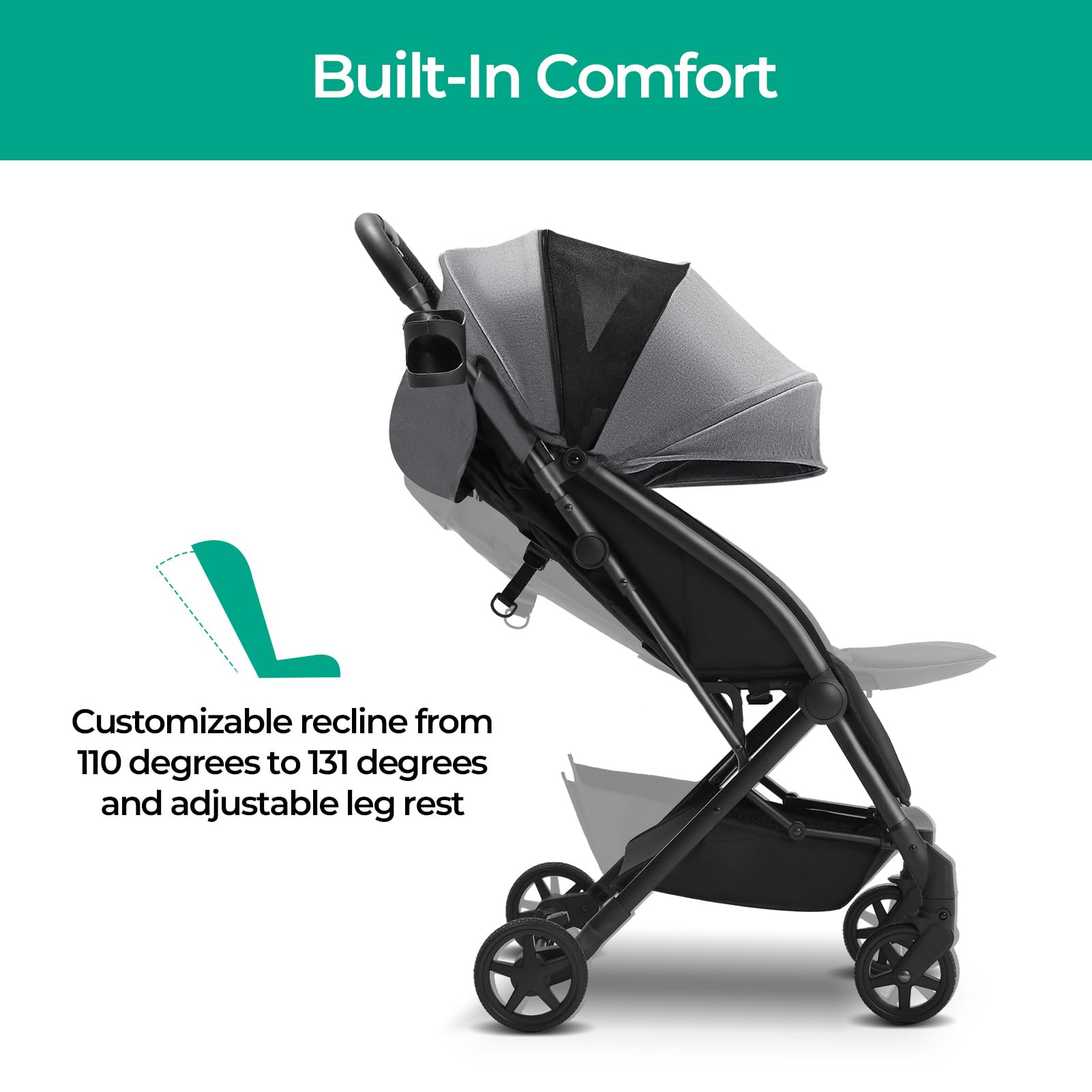 Mompush Lithe Lightweight Compact Travel Stroller - One-Hand Fold, Airplane Friendly with Reclining Seat, Large Canopy, Rain Cover, Carry Bag & Cup Holder - Perfect for Air Travel, Shopping, and Daily Walks
