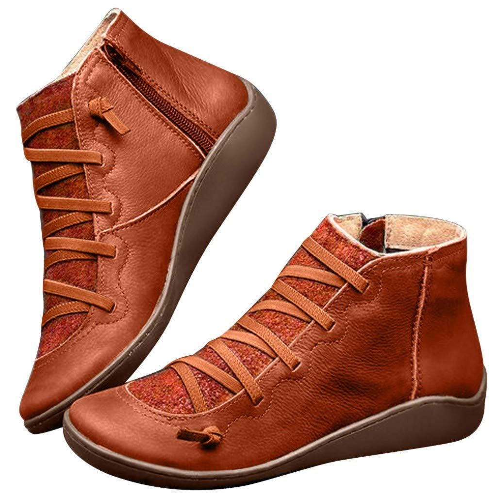 Women's Vintage Lace-Up Ankle Booties with Side Zip - Flat Heel Comfort & Arch Support for Casual Wear, Office & Fall Fashion