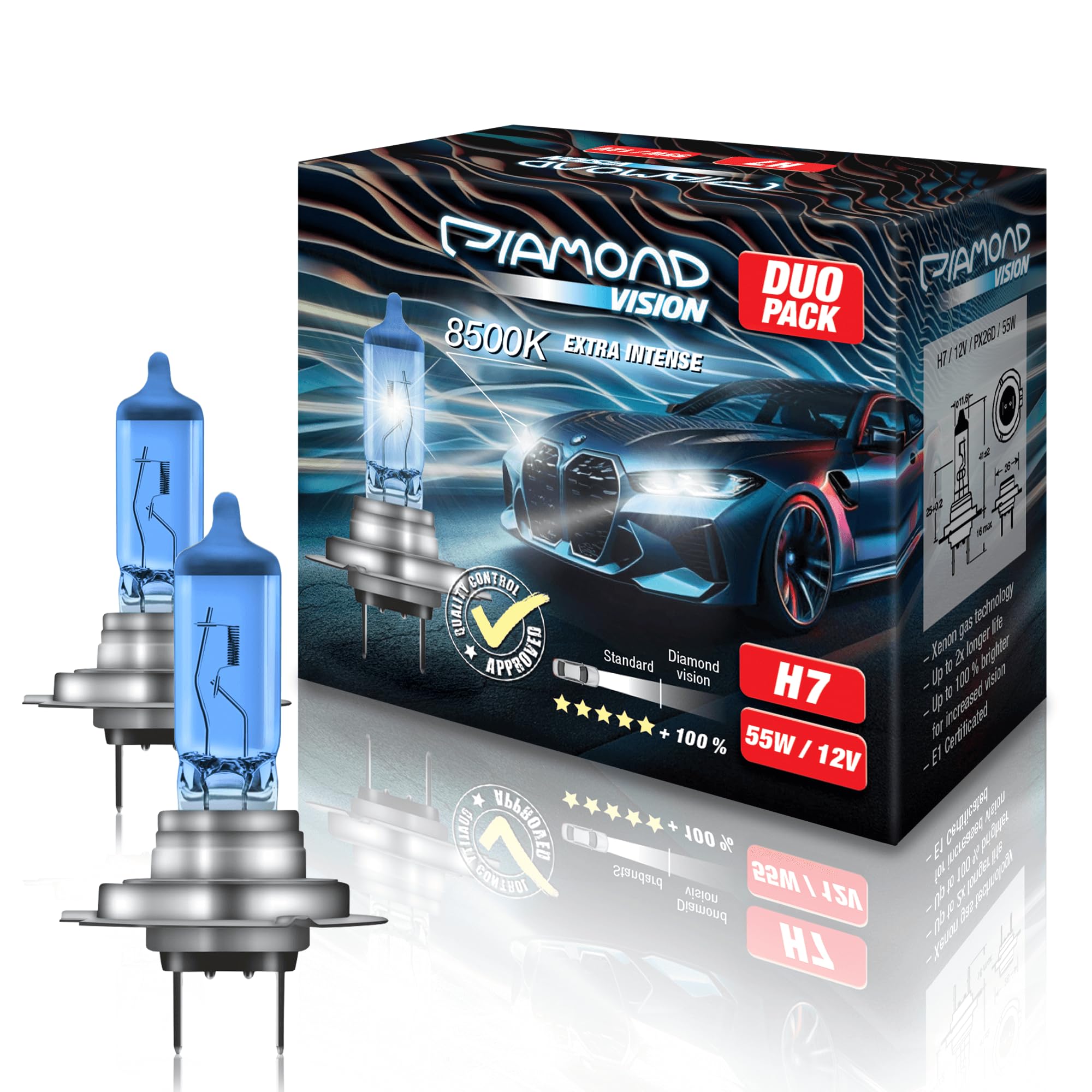 Diamond Vision H7 12V 55W Xenon Halogen Headlights - 8500K White for Cars