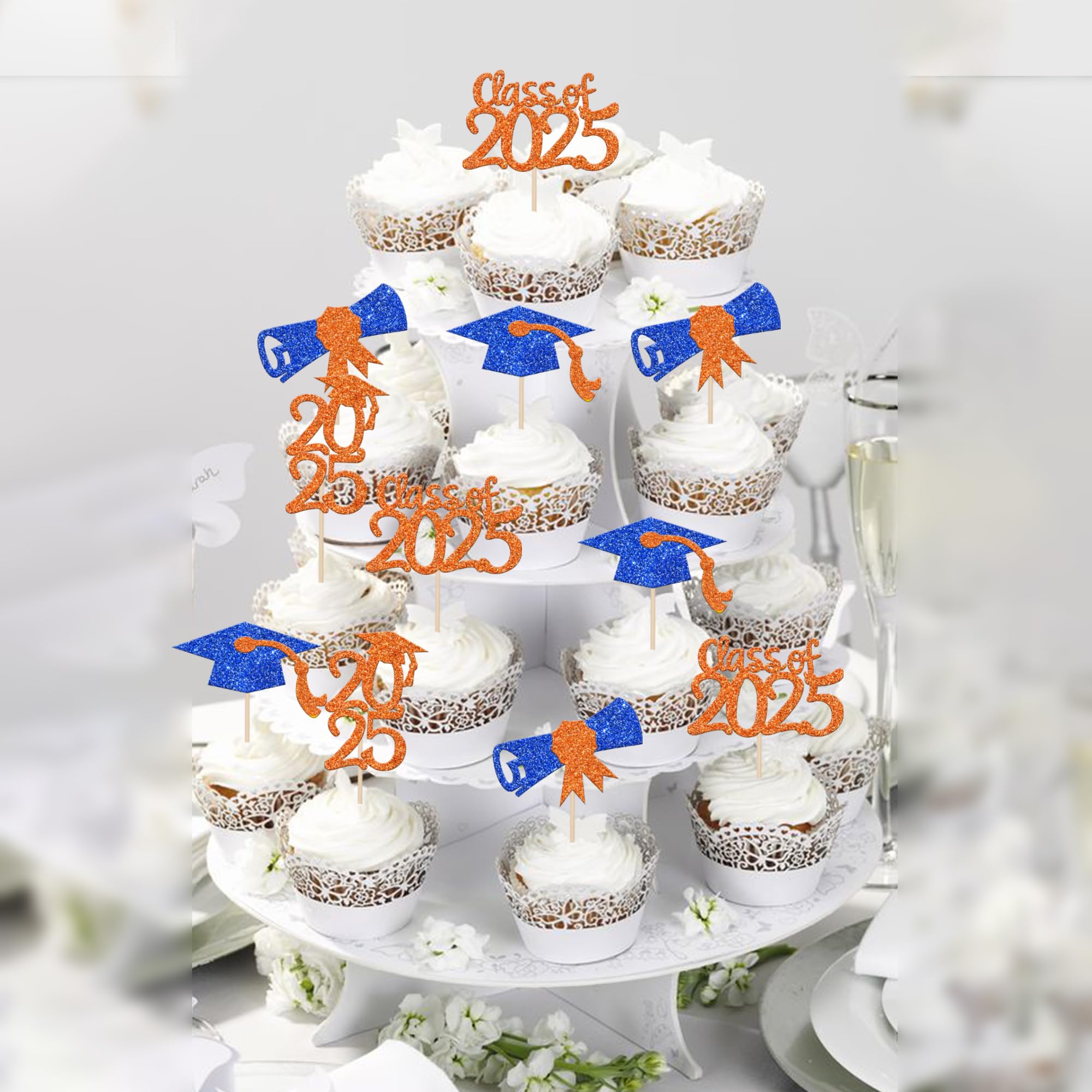 36 PCS 2025 Graduation Cupcake Toppers - Glitter Class of 2025 Cake Decorations with Diploma & Grad Cap - Blue & Orange Party Supplies for Graduation Ceremony, School Celebration & Dessert Table Decor