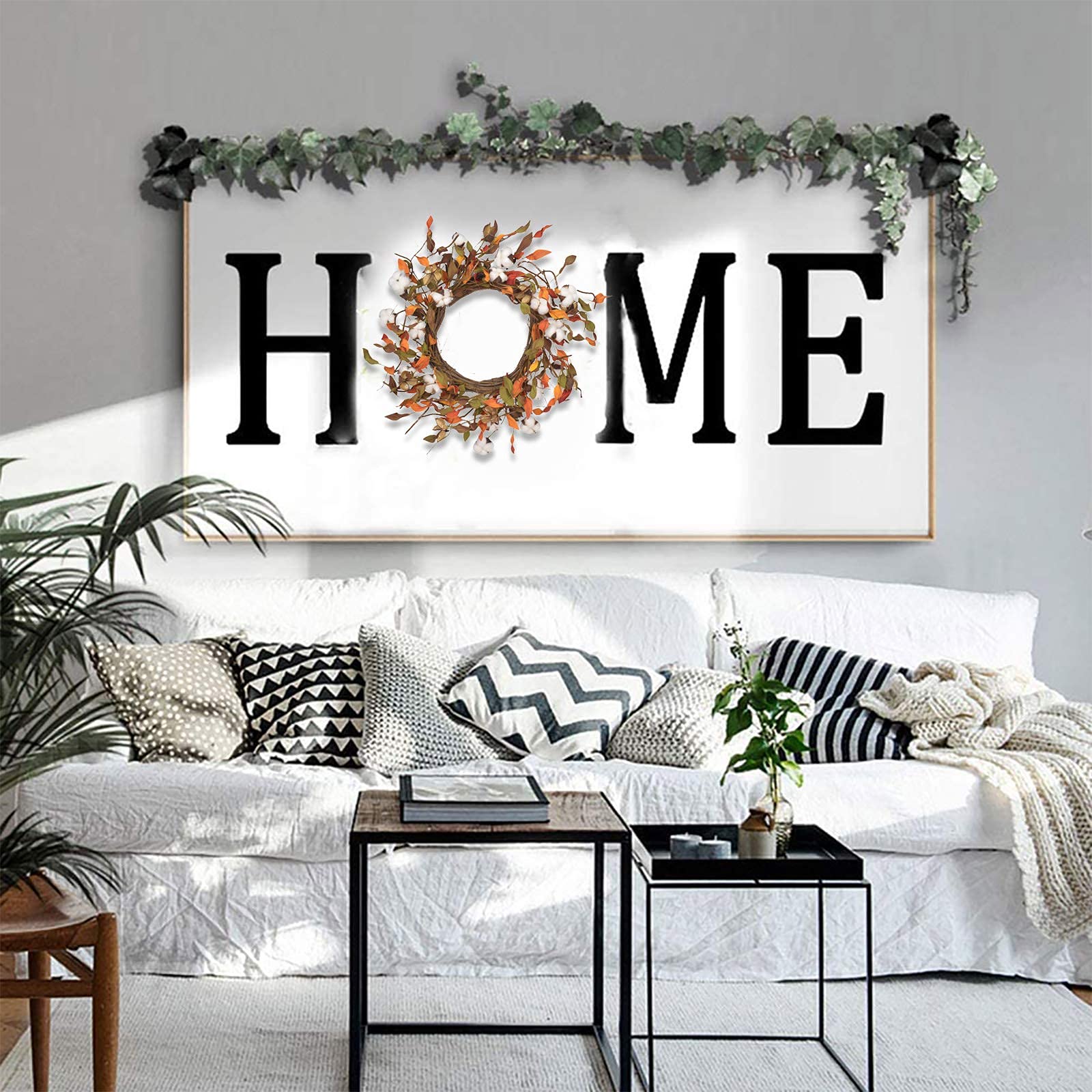 50cm / 20 Inch Fall Cotton Wreath Garland - Rattan Artificial Door Wreath Decor for Halloween, Christmas & Thanksgiving | Seasonal Home Decor for Front Door, Fireplace & Wall Hanging