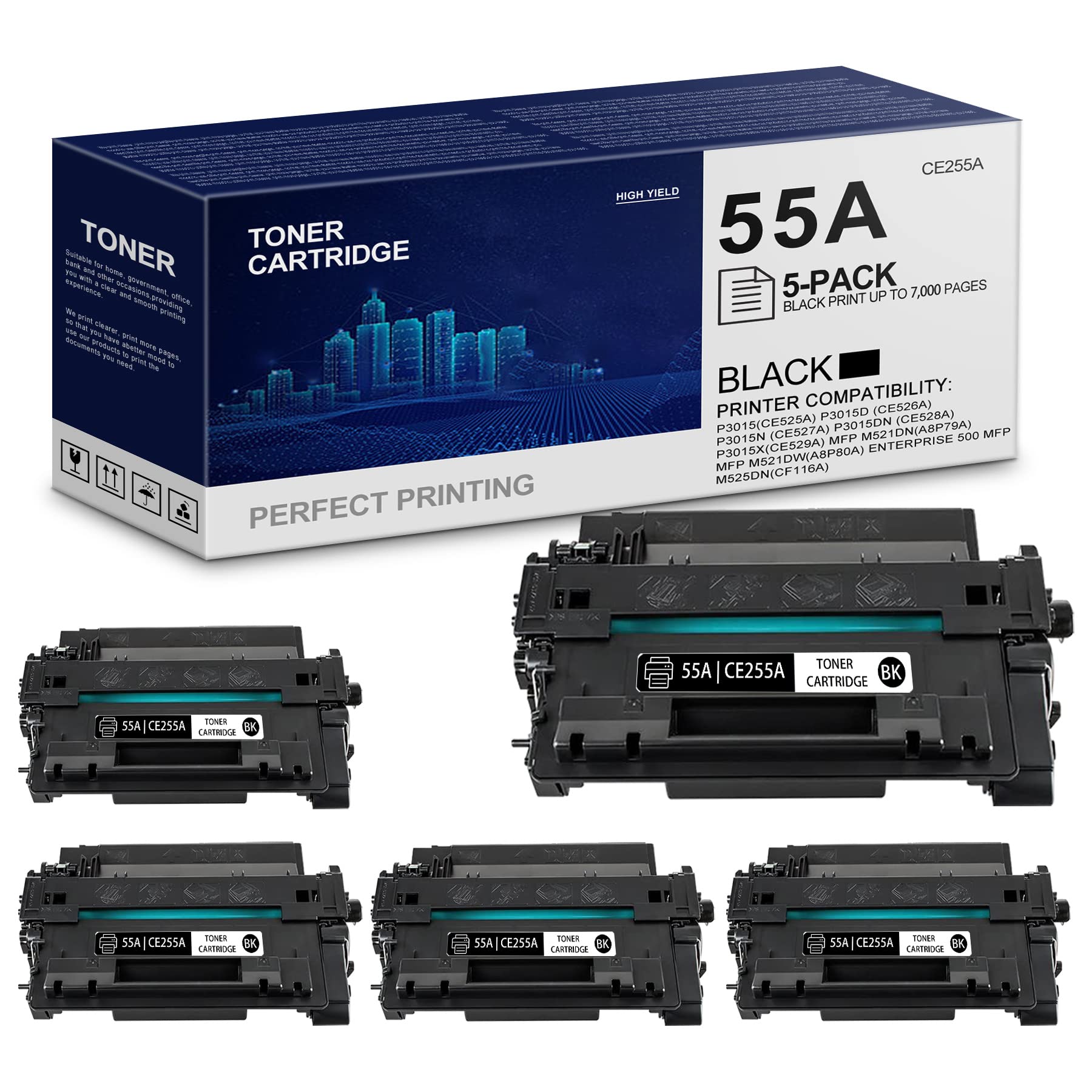 5-Pack Black CE255A Compatible Toner Cartridge Replacement for HP P3015 P3015d P3015n P3015dn P3015x MFP M521dn M521dw 500 MFP M525dn M525f M525c Printers - High Yield Printing for Office & Home Use