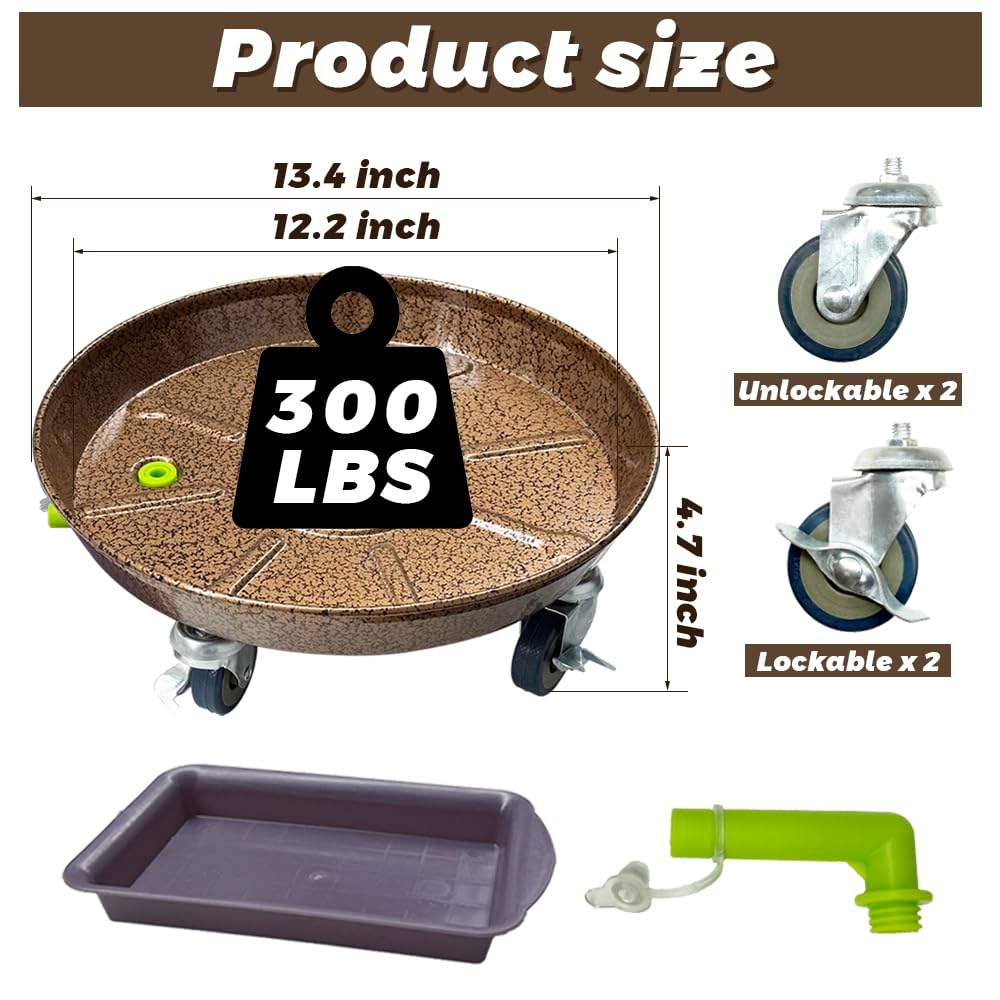 2 Pack 13.4 Inch Heavy Duty Metal Plant Caddy with Lockable Wheels & Drainage Holes - Rolling Plant Dolly Stand with Casters for Indoor Outdoor Use - Perfect for Garden, Balcony, Patio & Home Decor Mobility