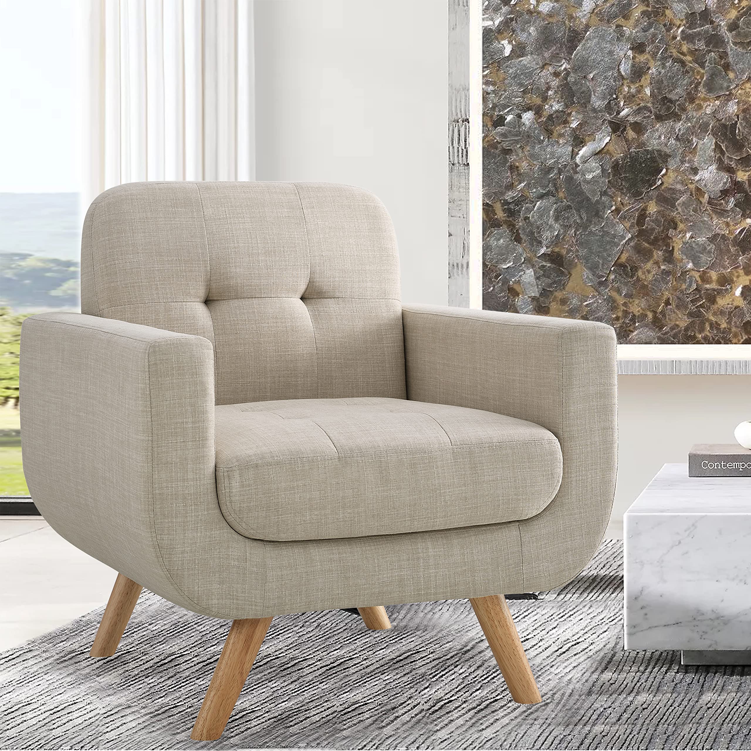 Rosevera Elena Modern Accent Armchair with Linen Upholstery - Mid Century Living Room Chair, Beige - Perfect for Lounge, Reading Nook & Home Office Decor