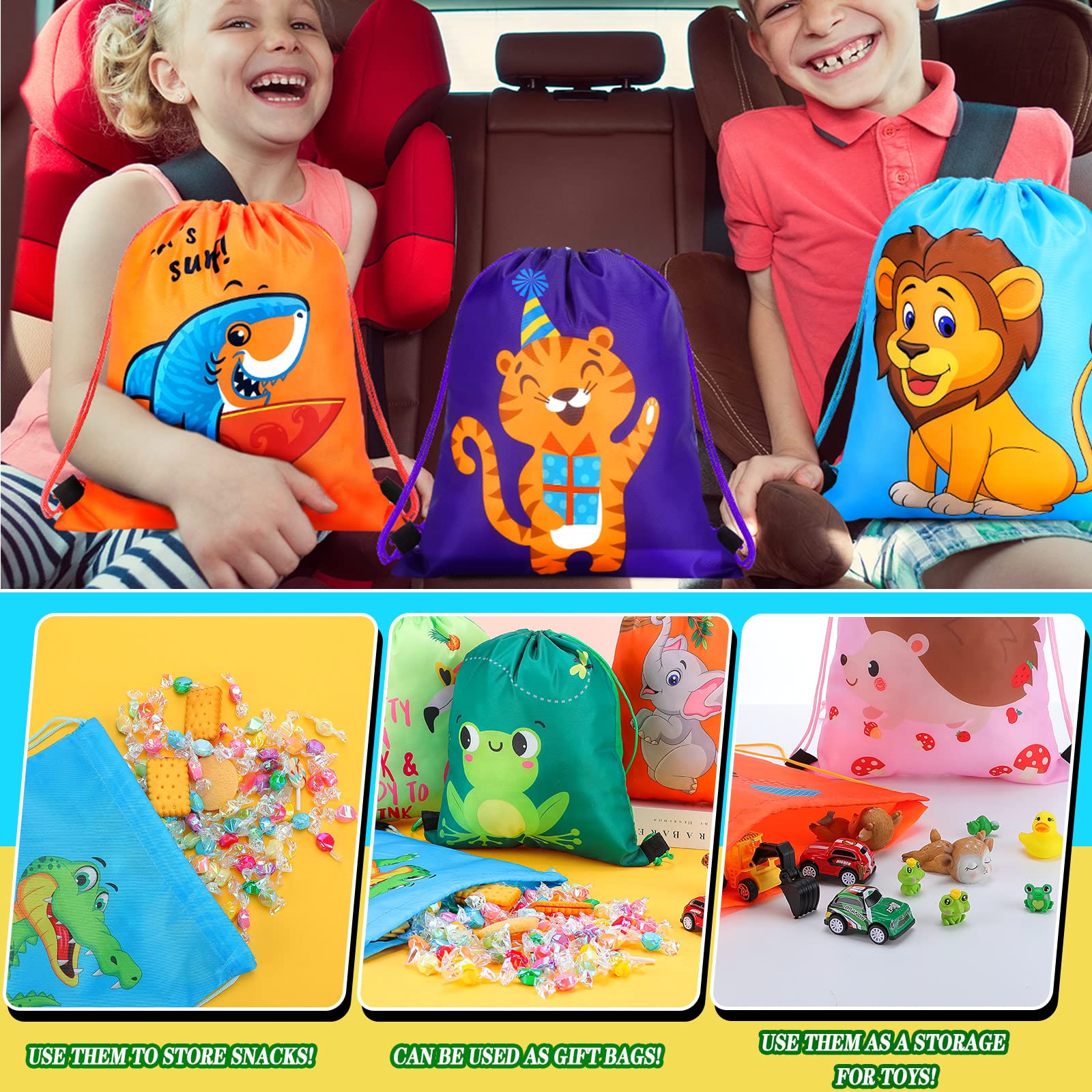 Shappy 24 Pack Drawstring Party Favor Bags - Cute Cartoon Animal Design for Birthday Party Favors, Kids Goodie Bags, Halloween Treats & Classroom Rewards - Perfect for Boys & Girls Gift Supplies