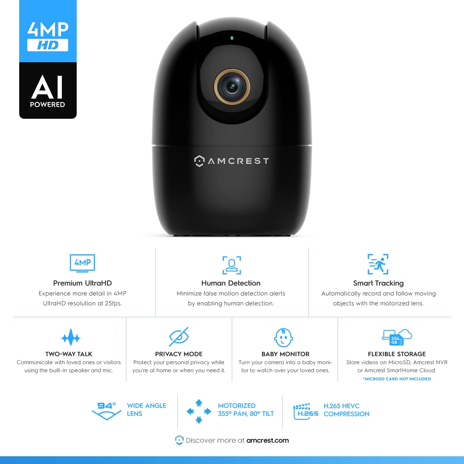 Amcrest 4MP WiFi Indoor Security Camera with Human & Pet Detection - Smart Baby Monitor, Dog Camera with 2-Way Audio, Motion Tracking, Night Vision, Pan/Tilt - Ideal for Home Security, Pet Monitoring & Baby Care (ASH41-B)