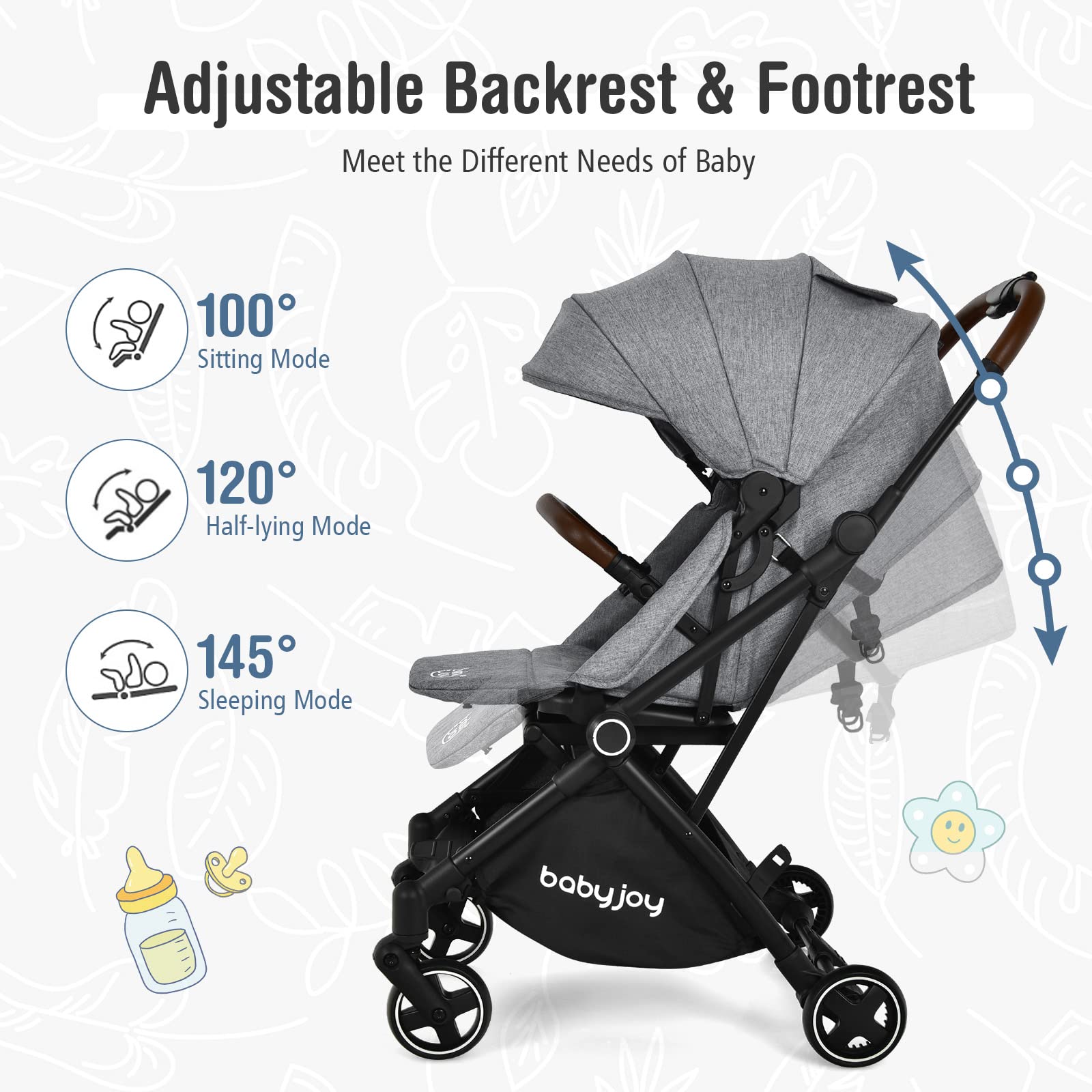 Baby Joy Foldable Lightweight Stroller for Newborns & Infants - Reversible Seat, Adjustable Canopy, 5-Point Safety Harness, Shock-Absorbing Wheels & Storage Basket (Gray) - Perfect for Park Walks, Shopping & Travel