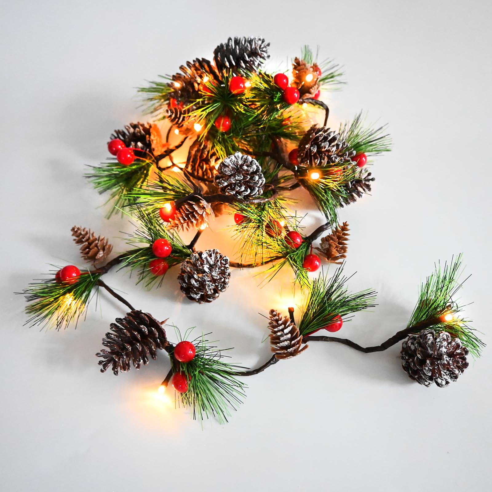 6.56FT LED Christmas Garland Lights with Pine Cones & Red Berries - Battery Operated Prelit Holiday Garland for Indoor & Outdoor Xmas Decor - Perfect for Fireplace Mantel, Staircase, Doorway & Holiday Party Decorations